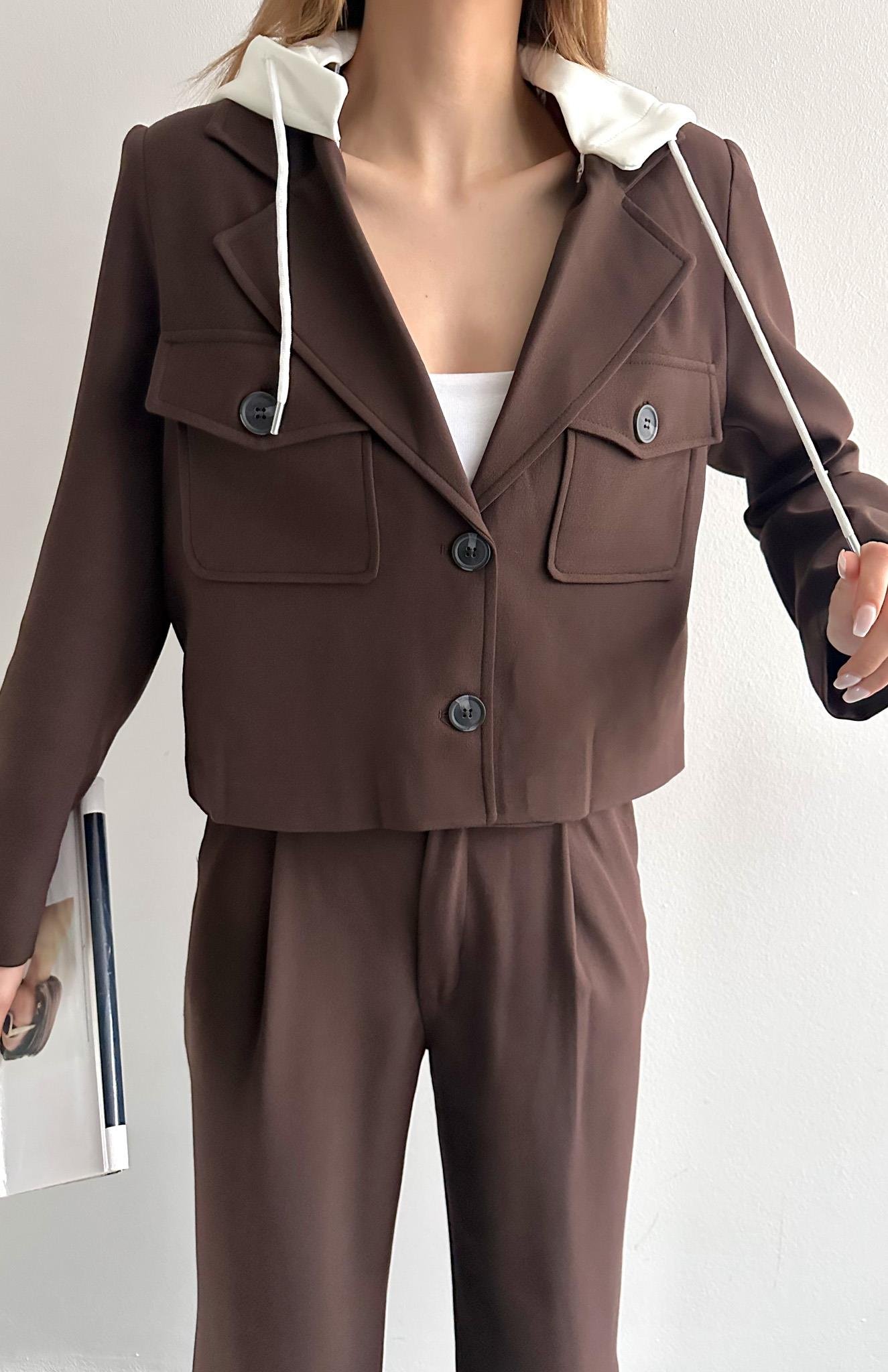 Çıkma Kapişonlu Spor Ceket KAHVERENGİ