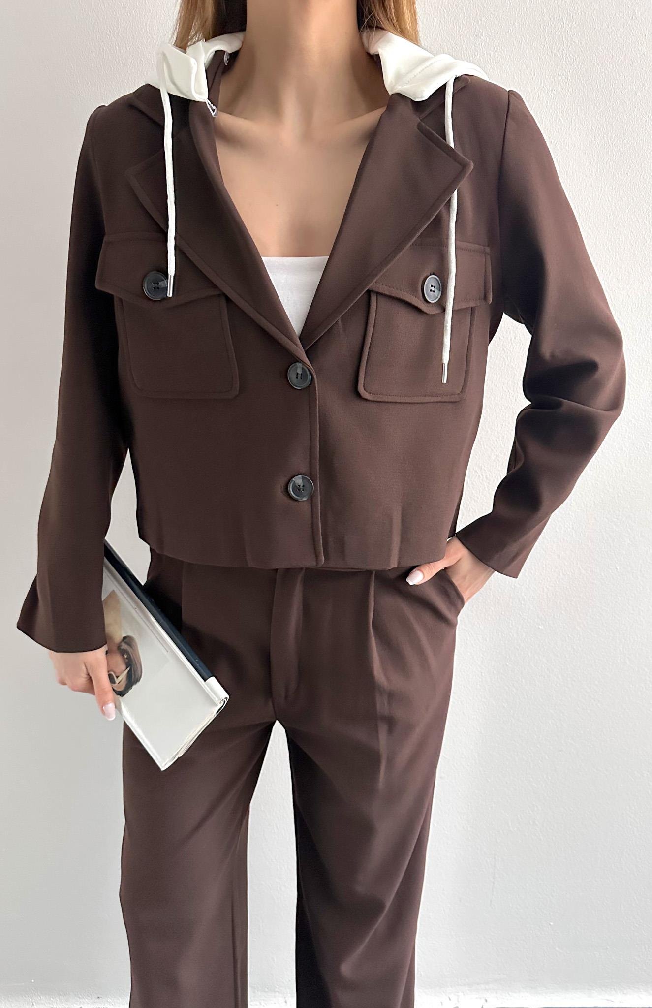 Çıkma Kapişonlu Spor Ceket KAHVERENGİ