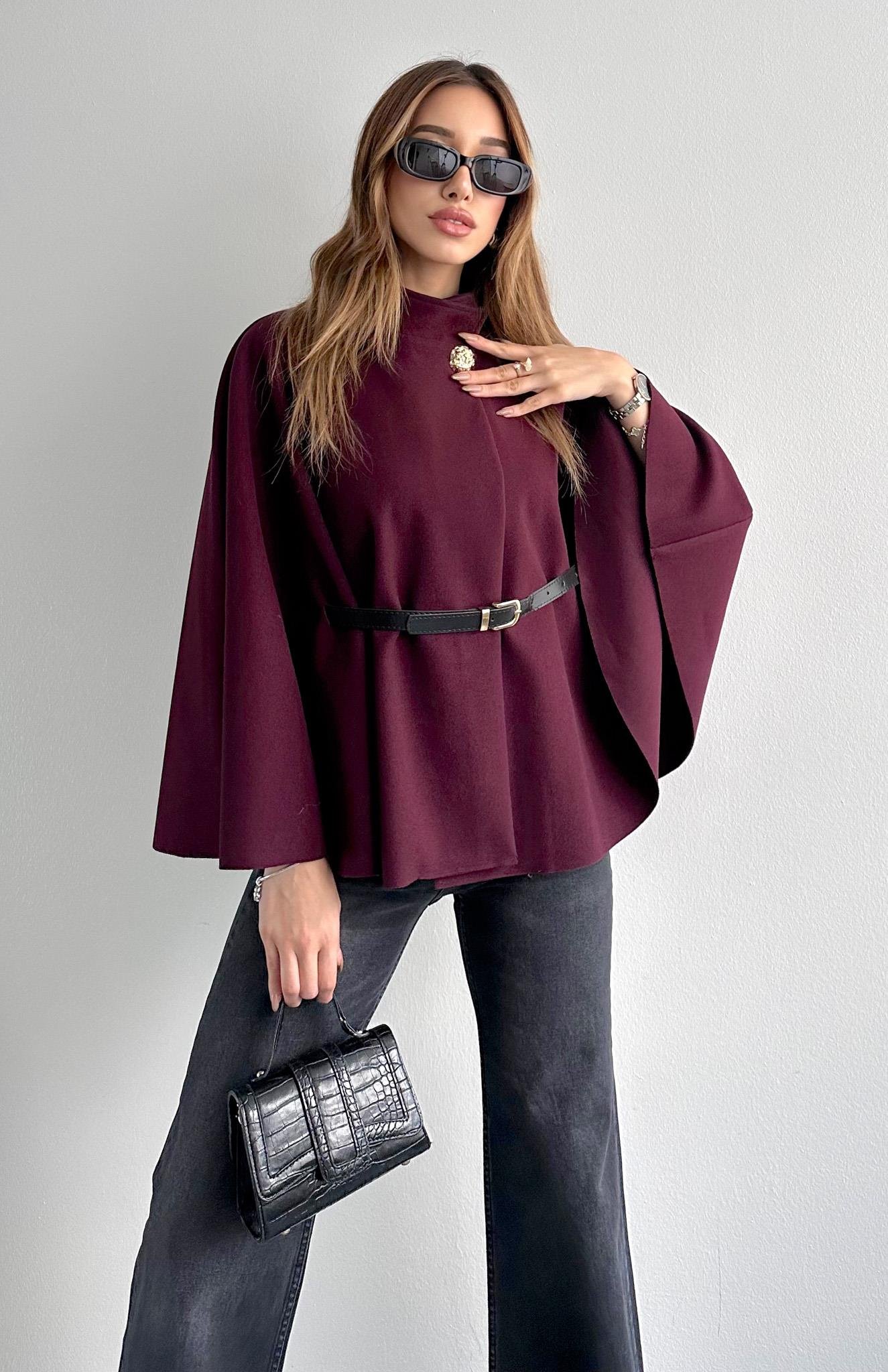 Hakim Yaka Kemer Detaylı Panço Ceket MÜRDÜM