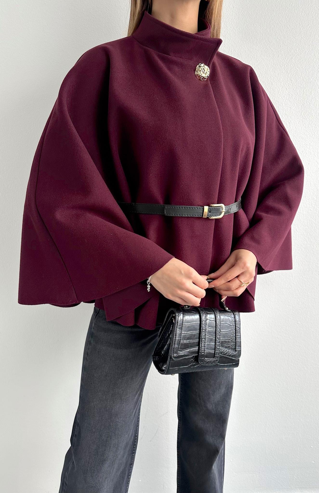 Hakim Yaka Kemer Detaylı Panço Ceket MÜRDÜM