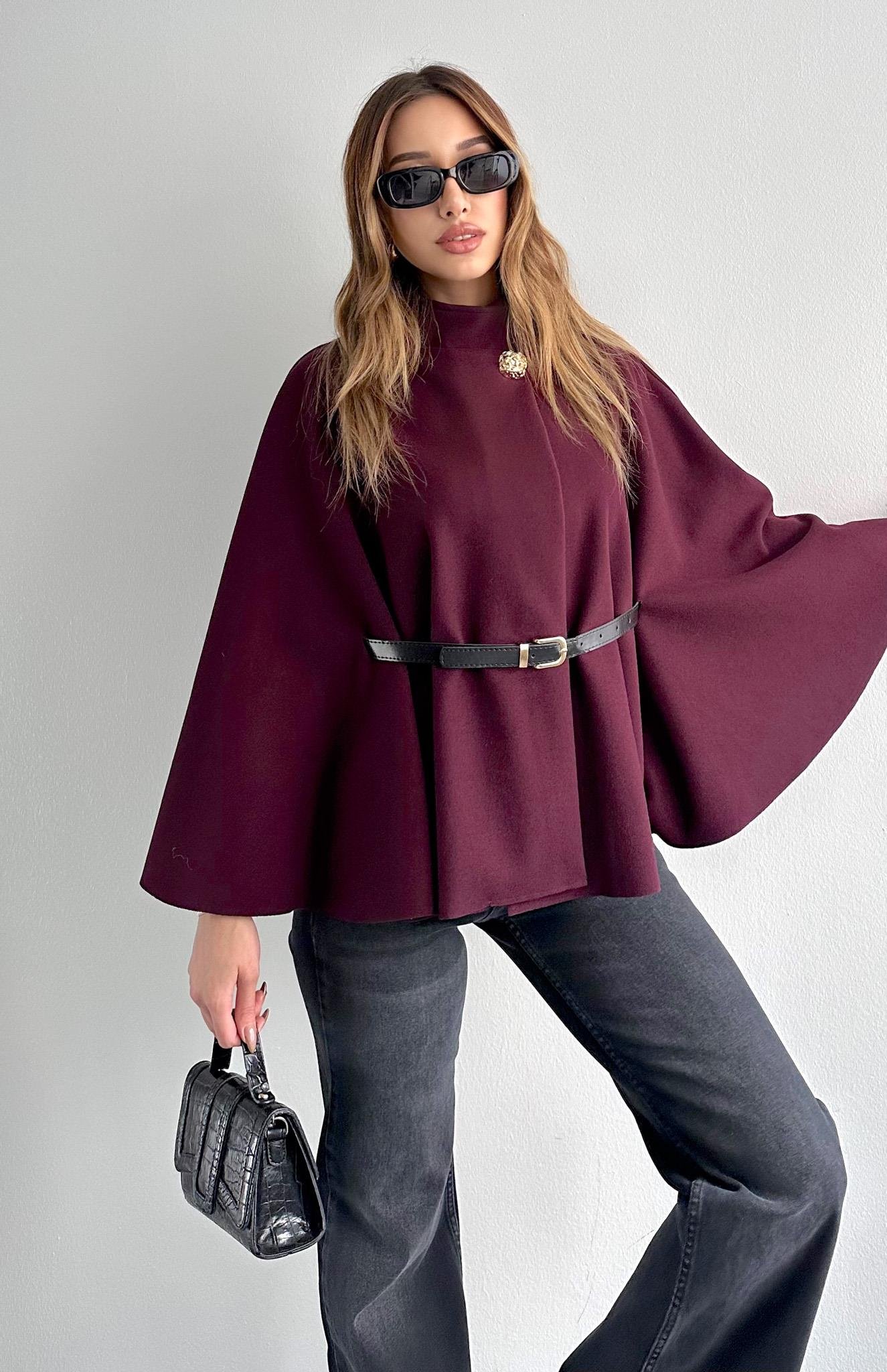 Hakim Yaka Kemer Detaylı Panço Ceket MÜRDÜM