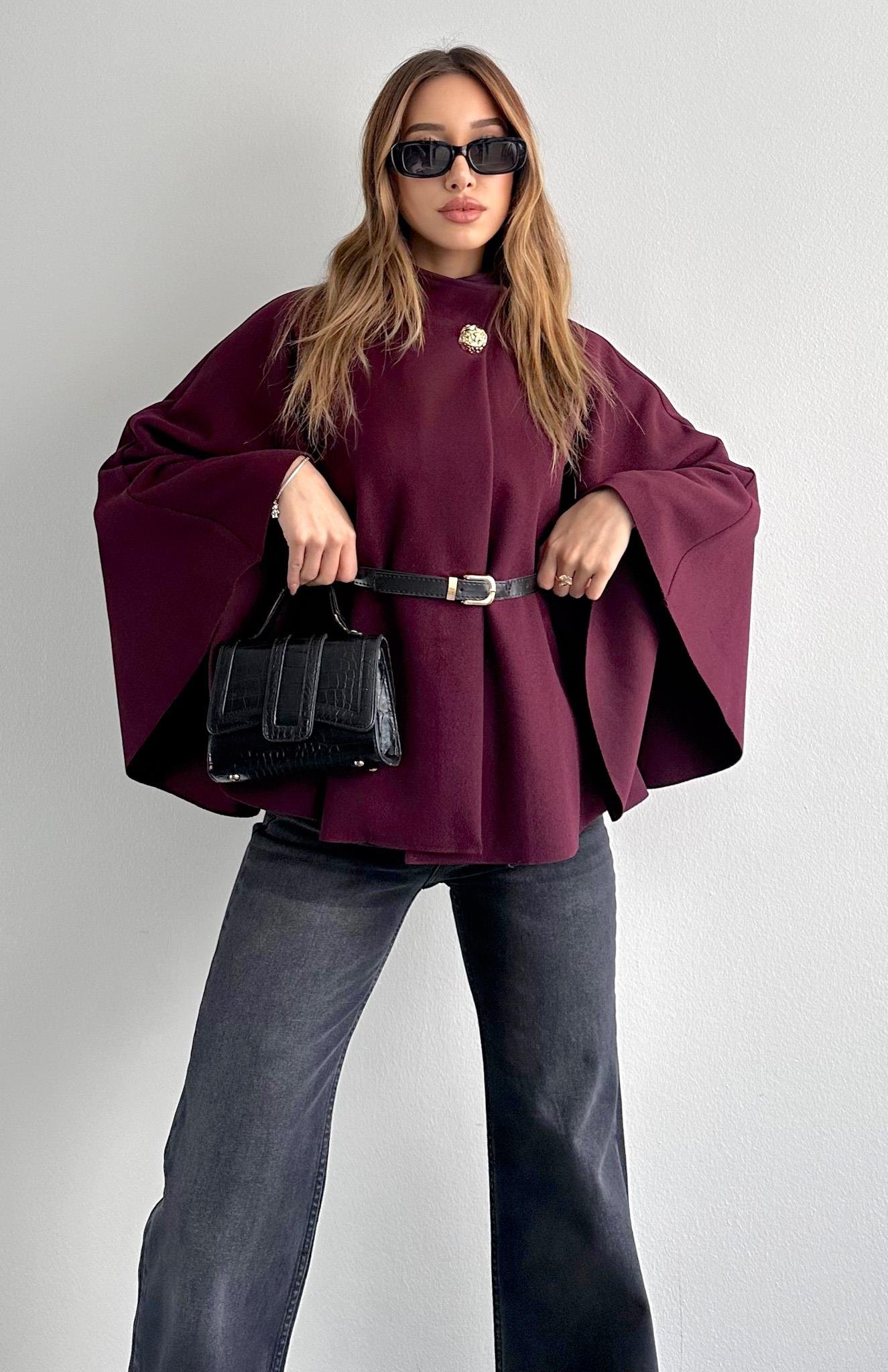 Hakim Yaka Kemer Detaylı Panço Ceket MÜRDÜM