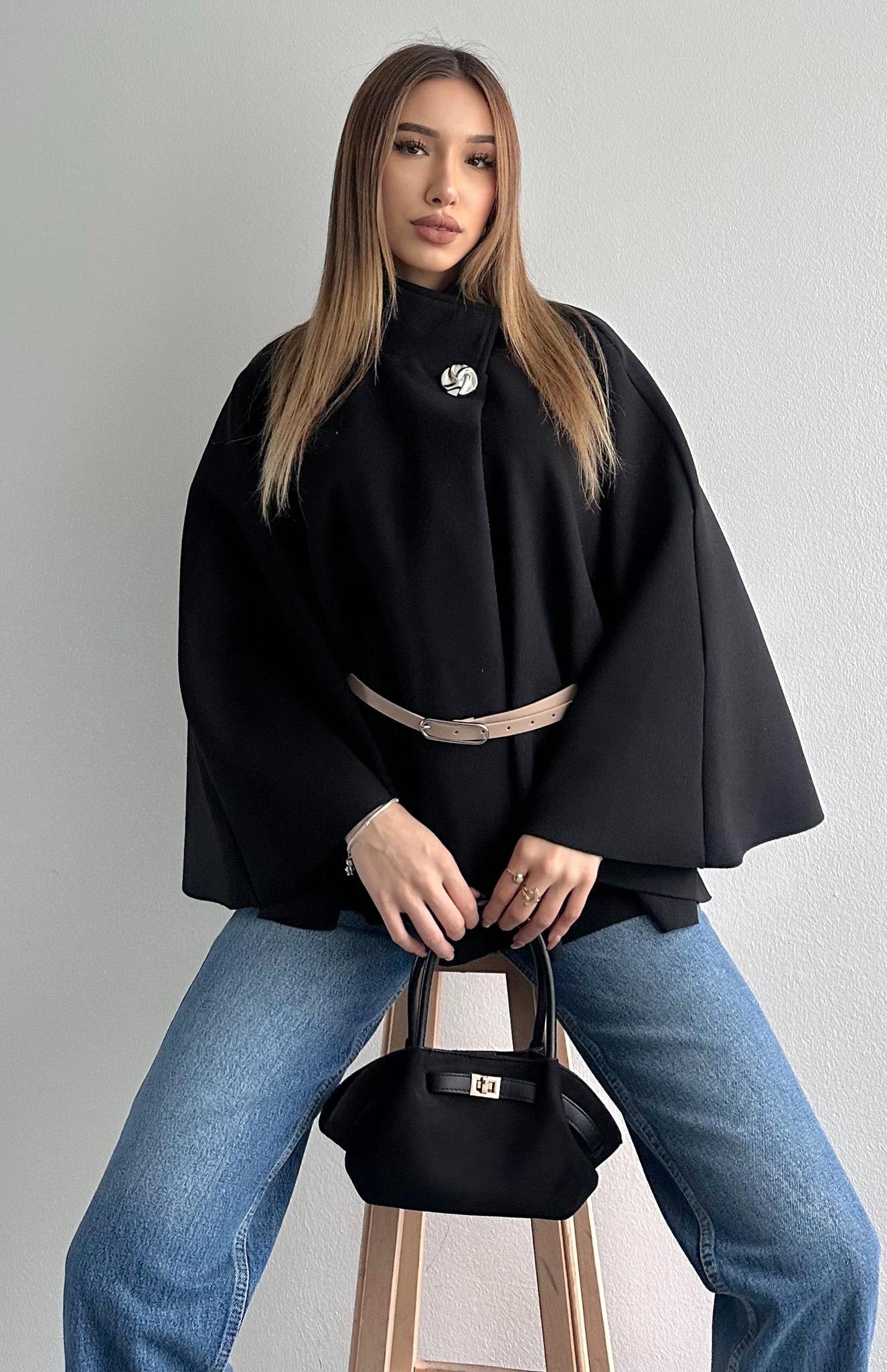 Kemerli Panço Ceket SİYAH