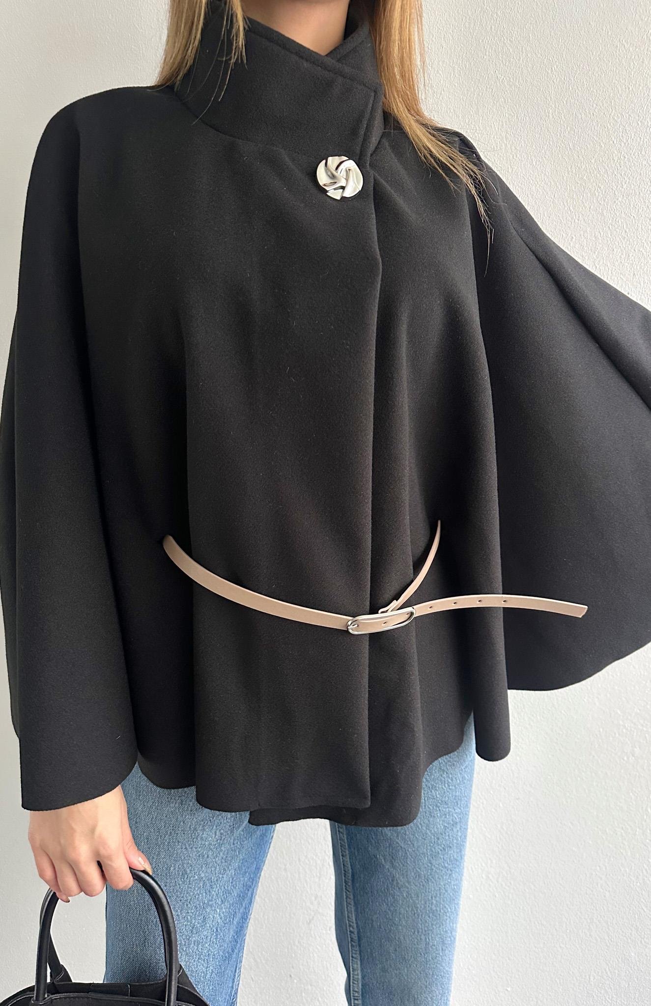 Kemerli Panço Ceket SİYAH