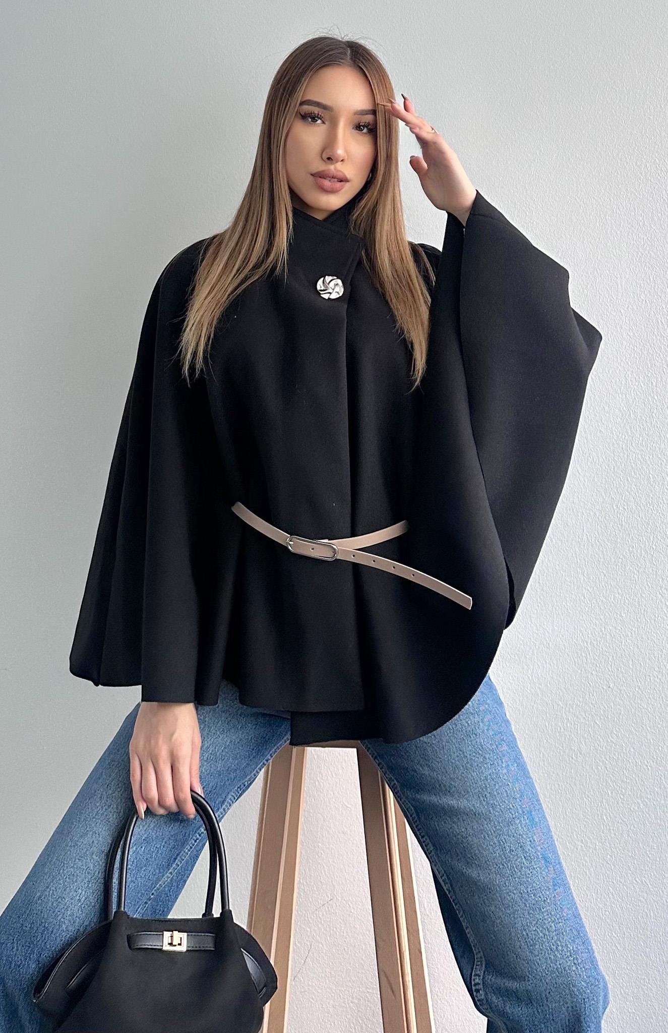 Kemerli Panço Ceket SİYAH