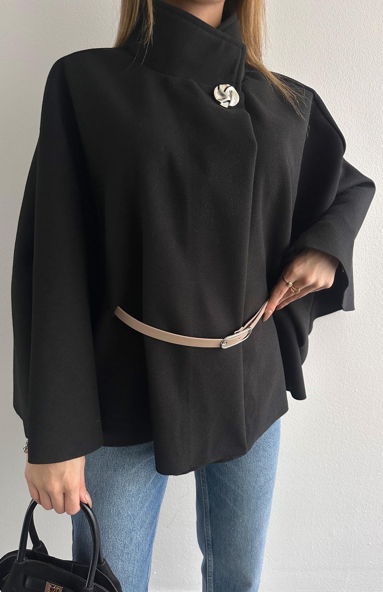 Kemerli Panço Ceket SİYAH