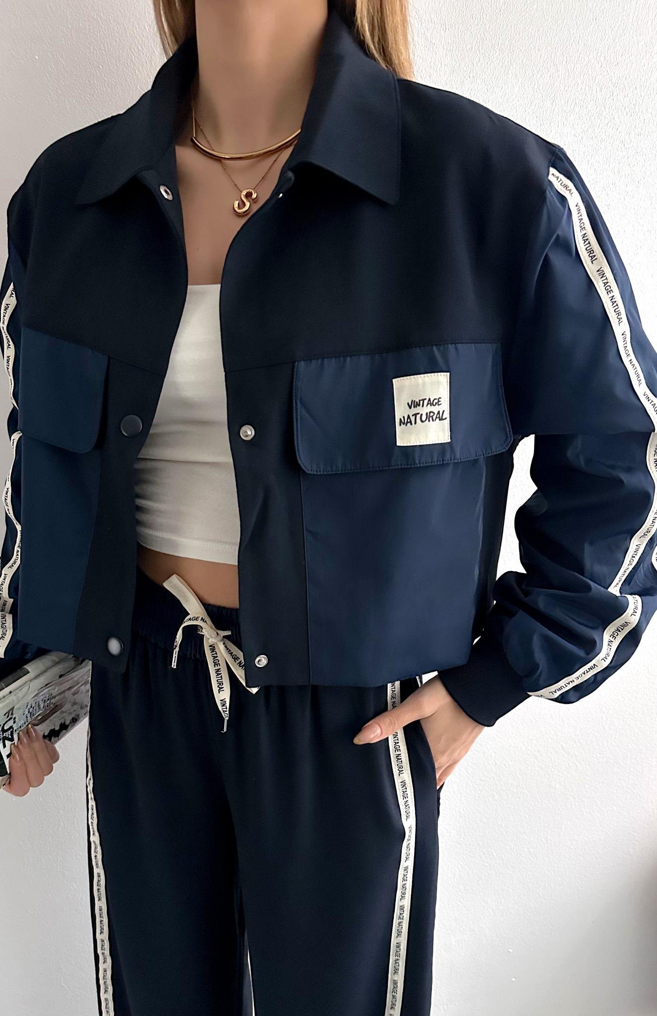 Kumaş Matchli Etiket Detaylı Ceket LACİVERT