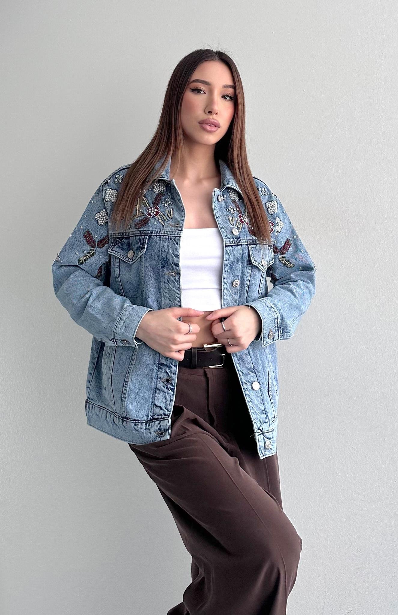 Naliş Detaylı Kot Ceket MAVİ