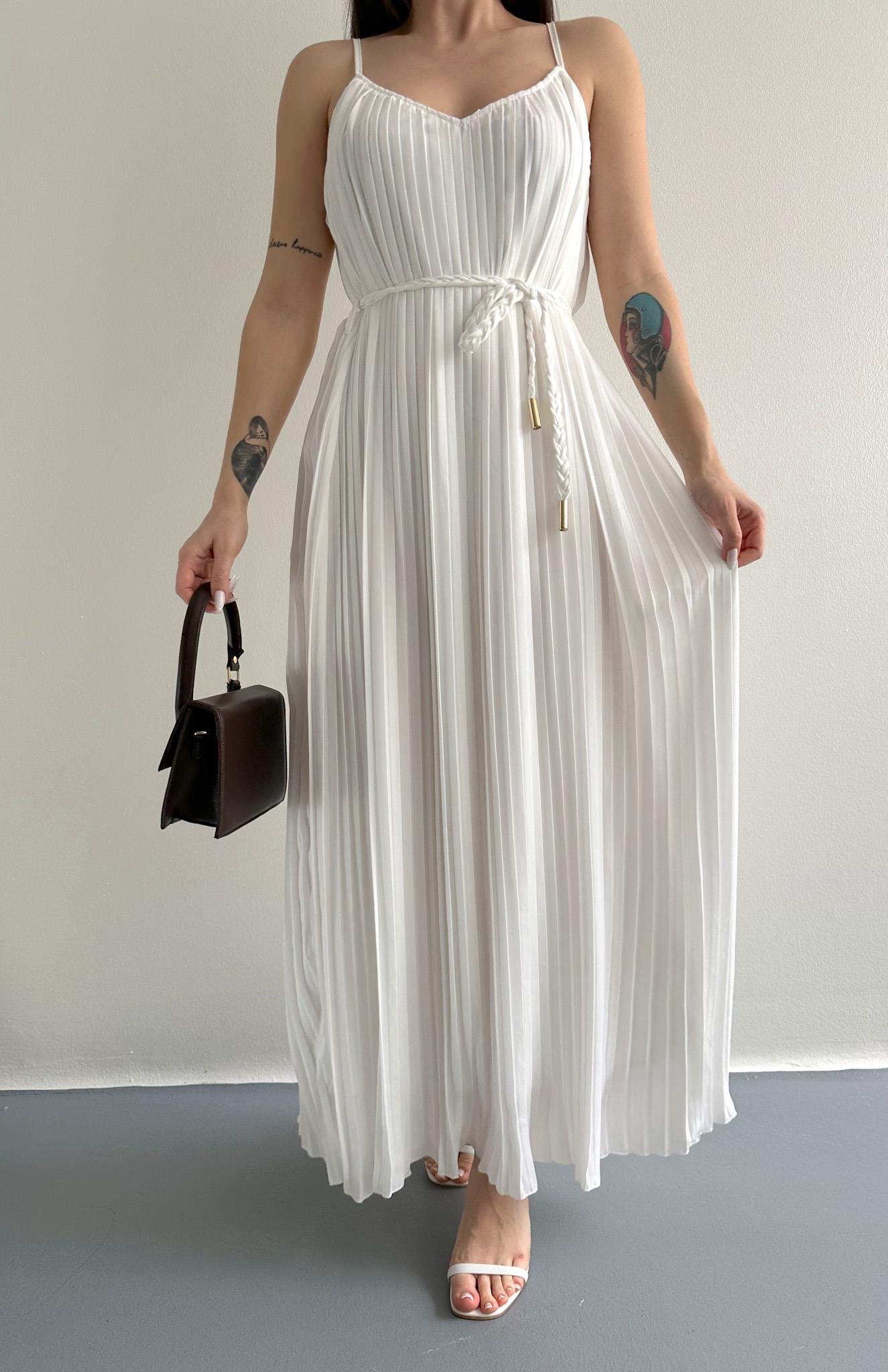 Askılı Pliseli Elbise EKRU