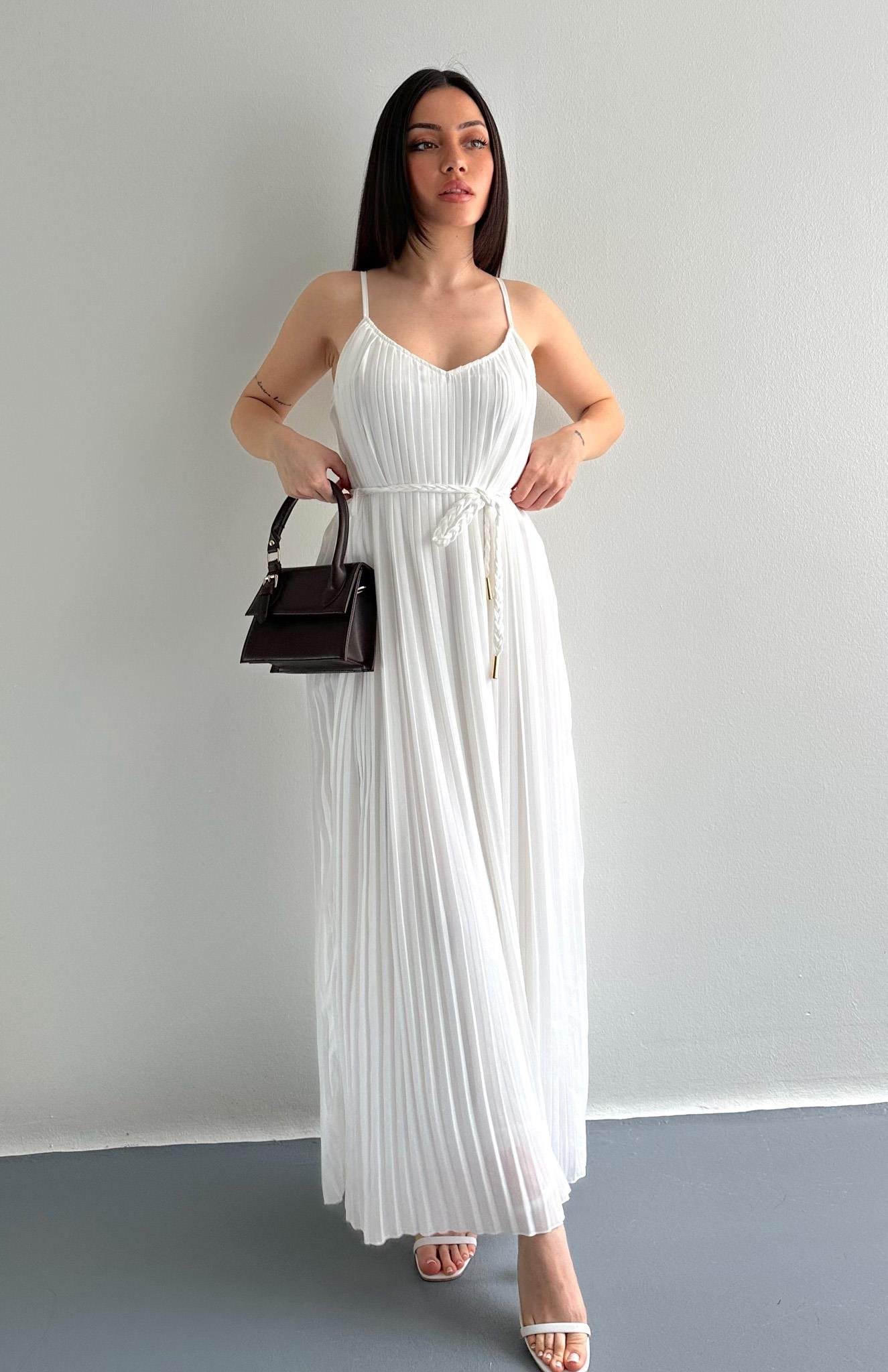 Askılı Pliseli Elbise EKRU