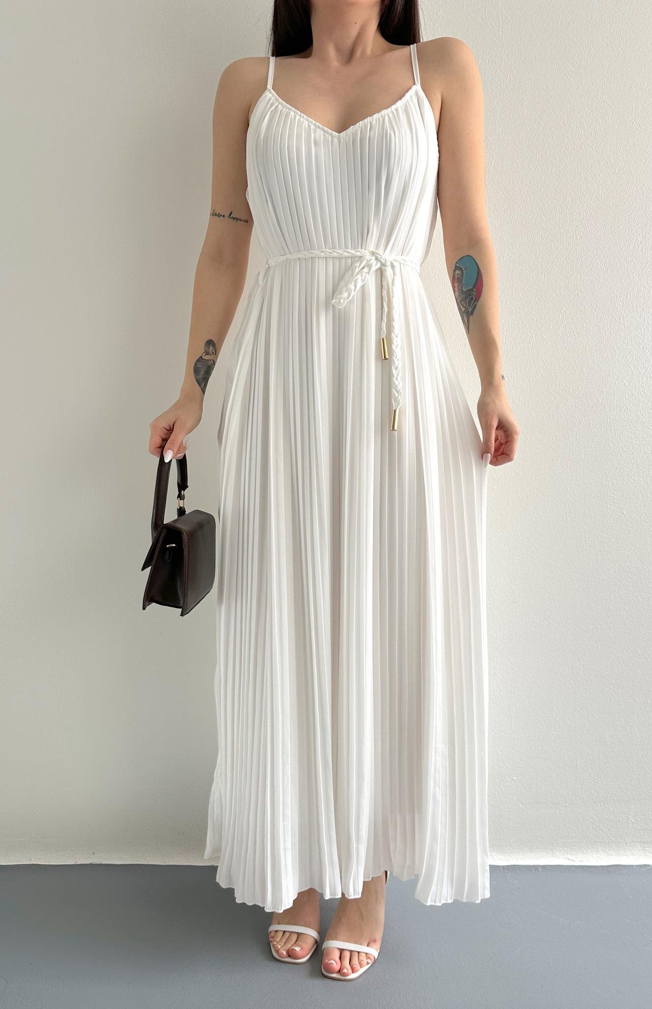 Askılı Pliseli Elbise EKRU