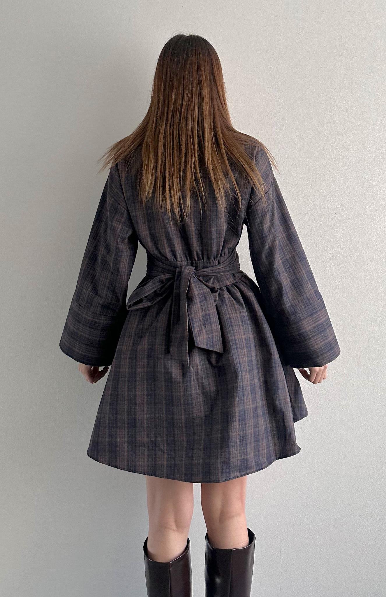 Belden Bağlamalı Elbise Kahve-mavi