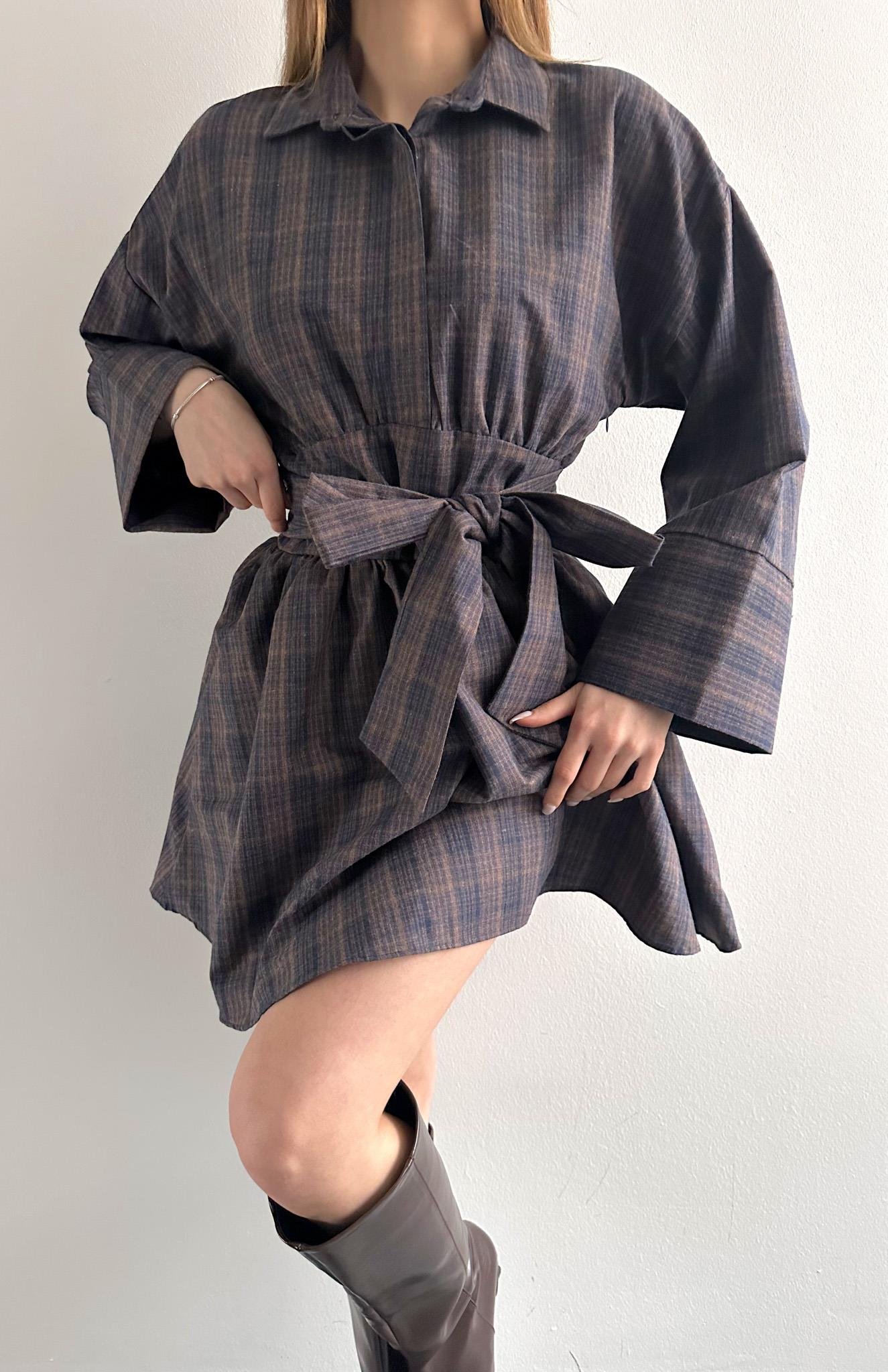 Belden Bağlamalı Elbise Kahve-mavi