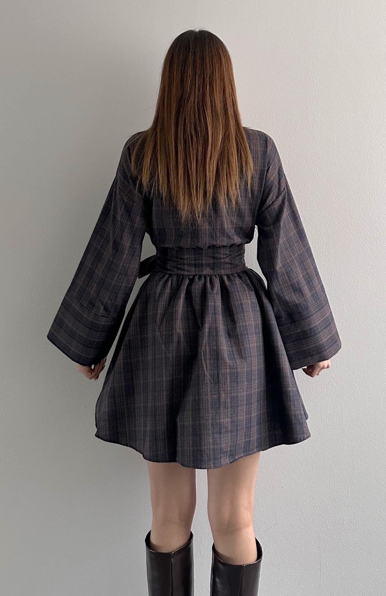 Belden Bağlamalı Elbise Kahve-mavi