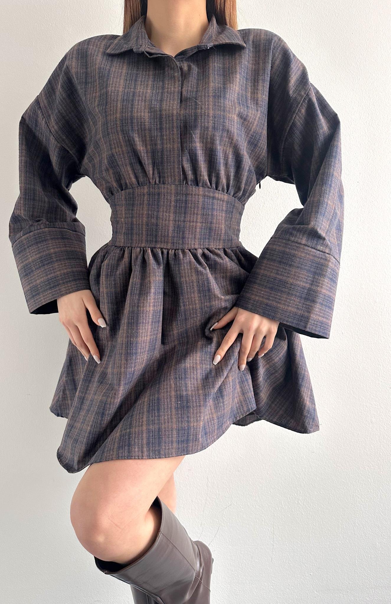 Belden Bağlamalı Elbise Kahve-mavi