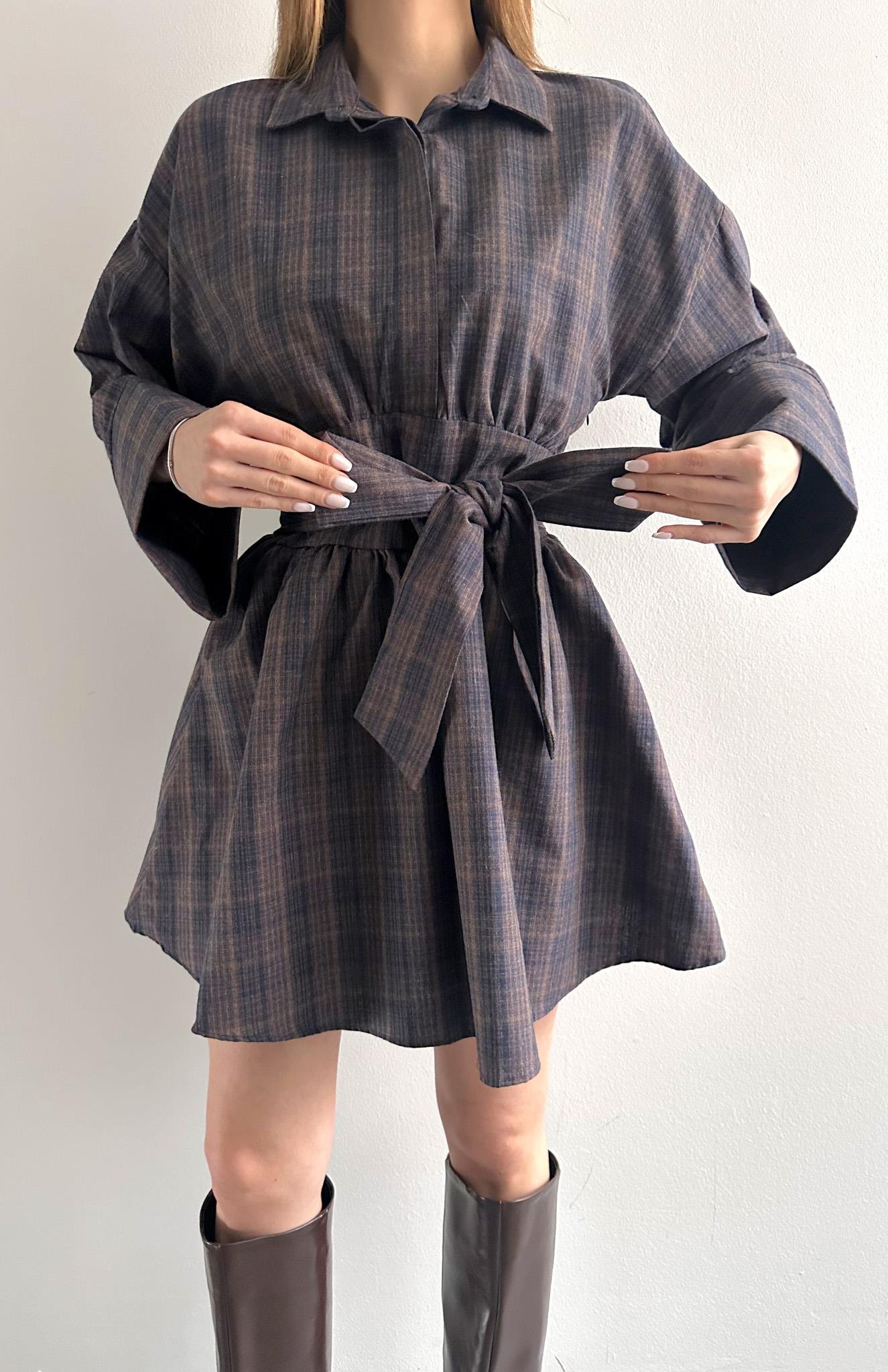 Belden Bağlamalı Elbise Kahve-mavi