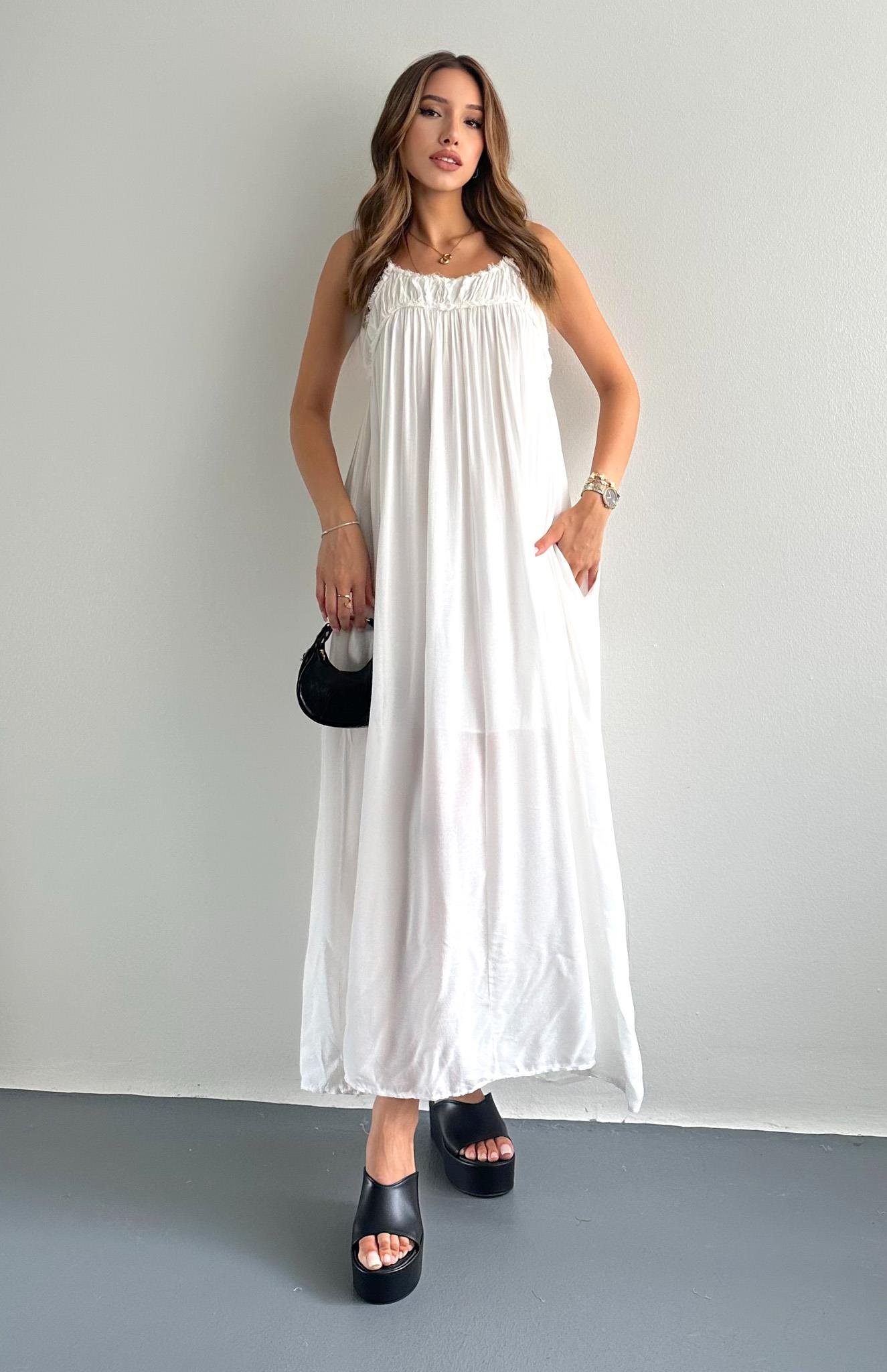 Büzgülü Askılı Cepli Uzun Elbise EKRU