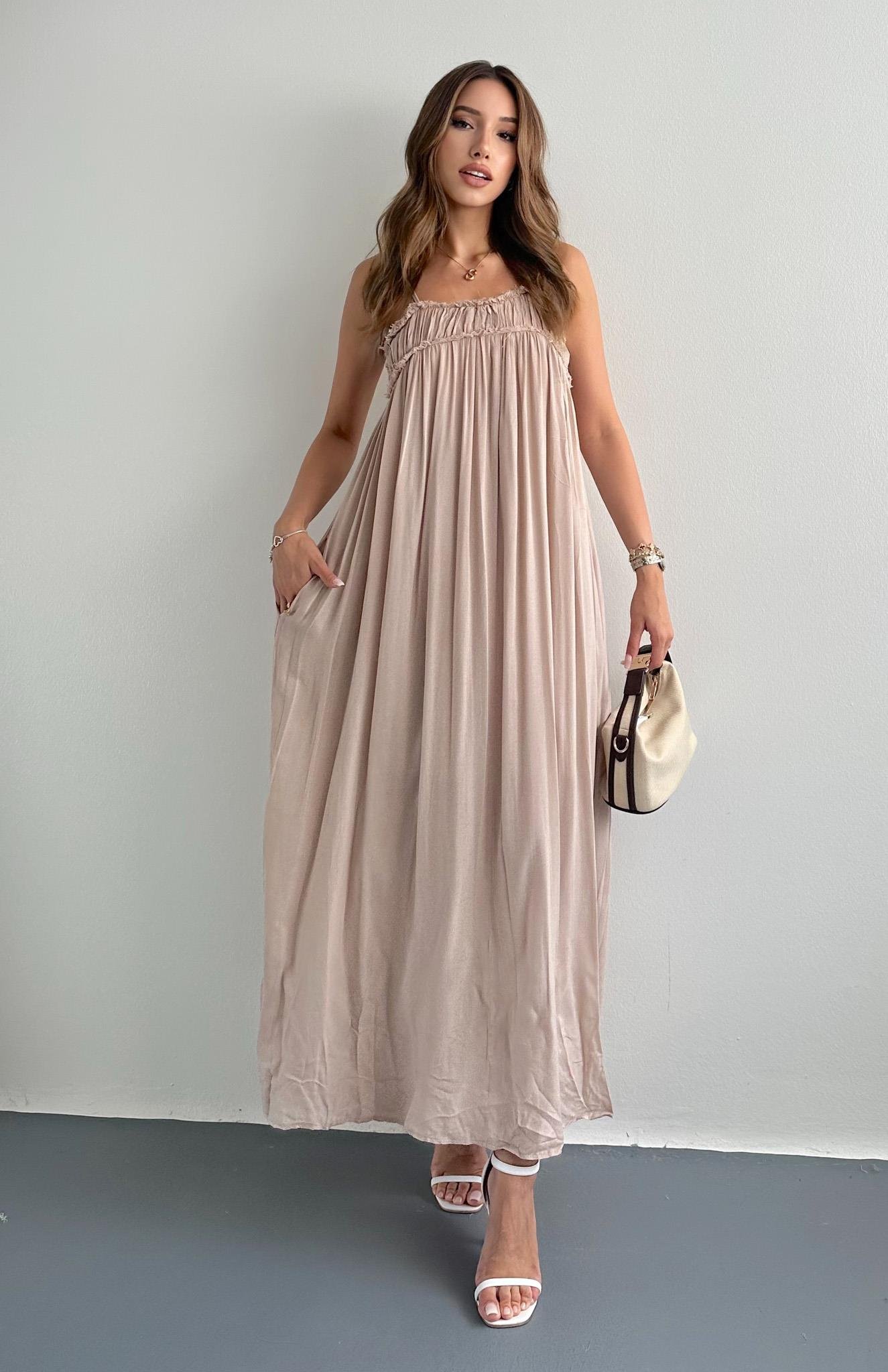 Büzgülü Askılı Cepli Uzun Elbise BEJ