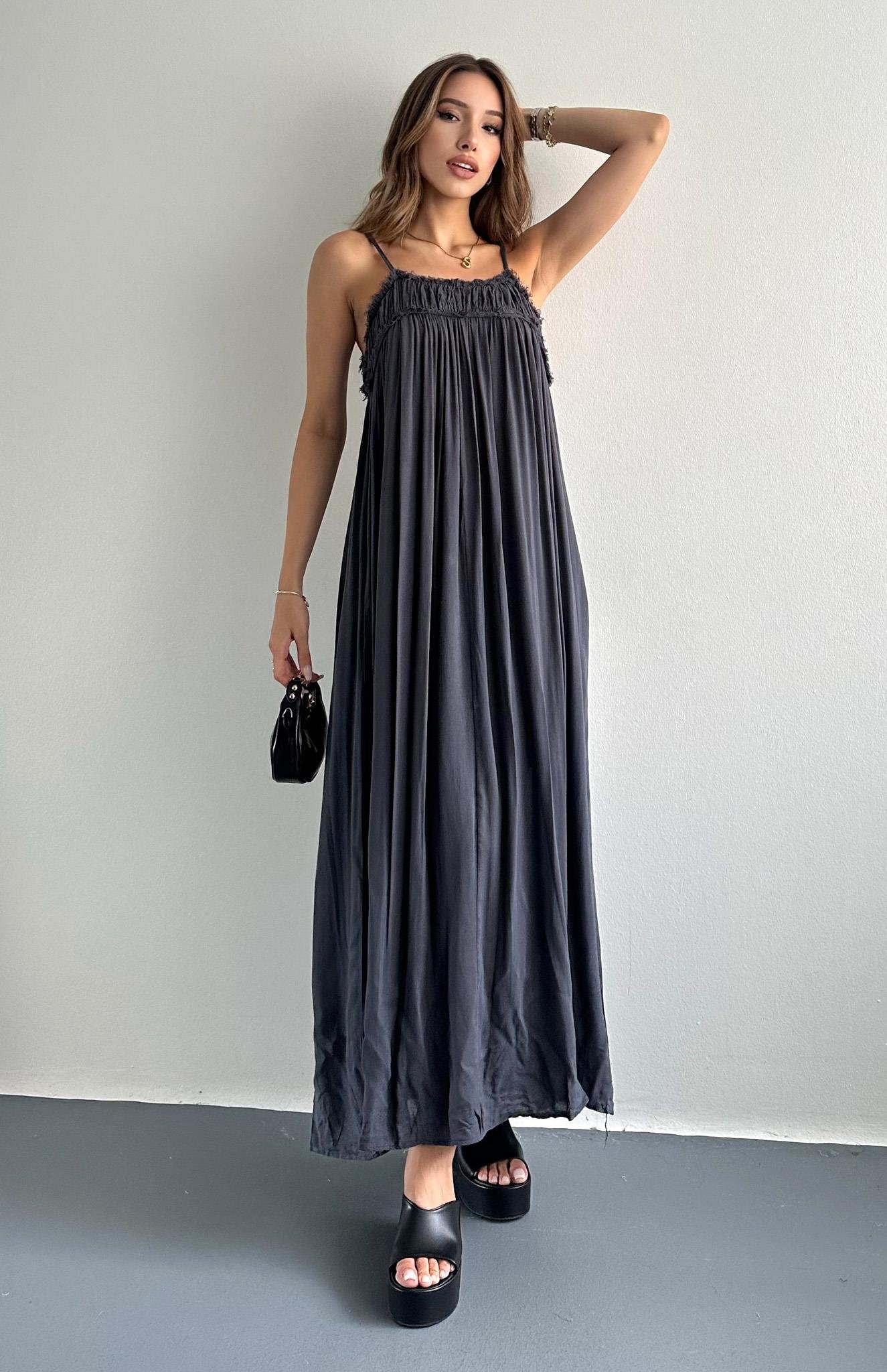 Büzgülü Askılı Cepli Uzun Elbise ANTRASİT