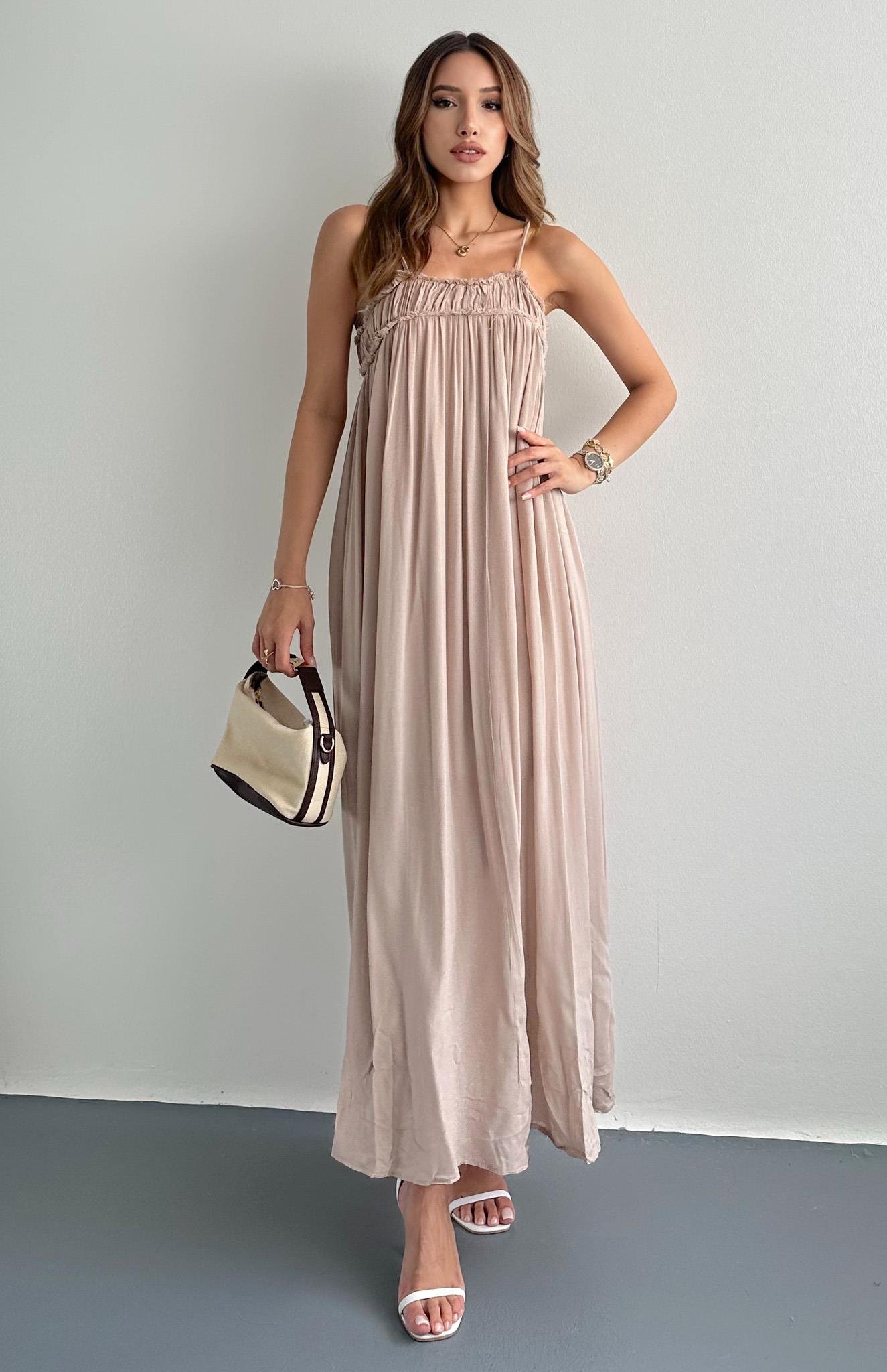 Büzgülü Askılı Cepli Uzun Elbise BEJ