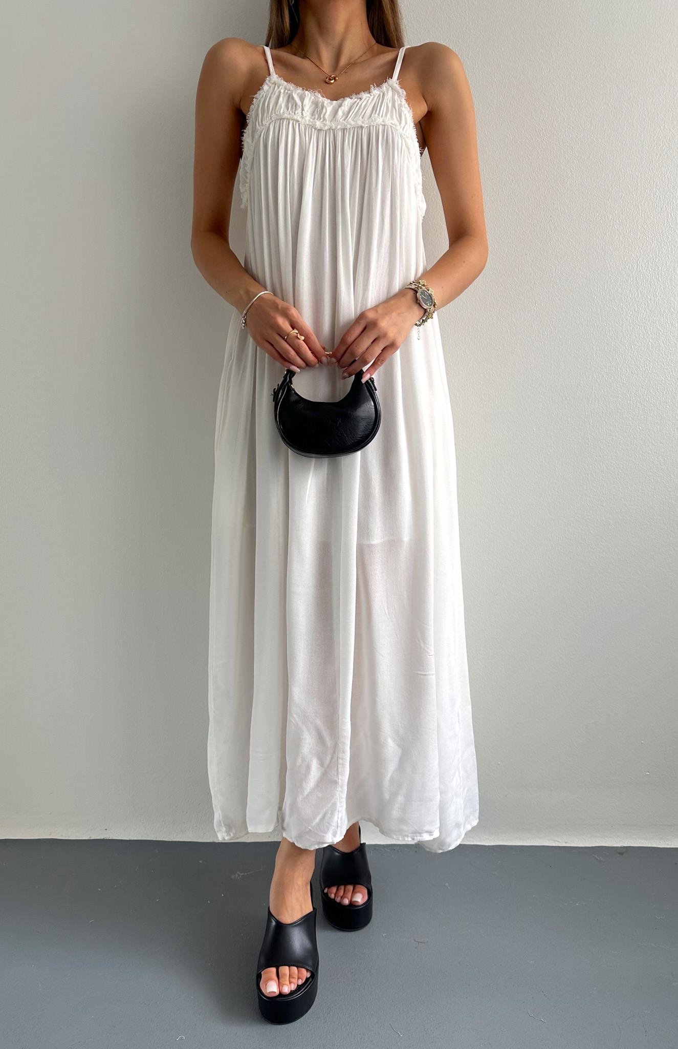 Büzgülü Askılı Cepli Uzun Elbise EKRU