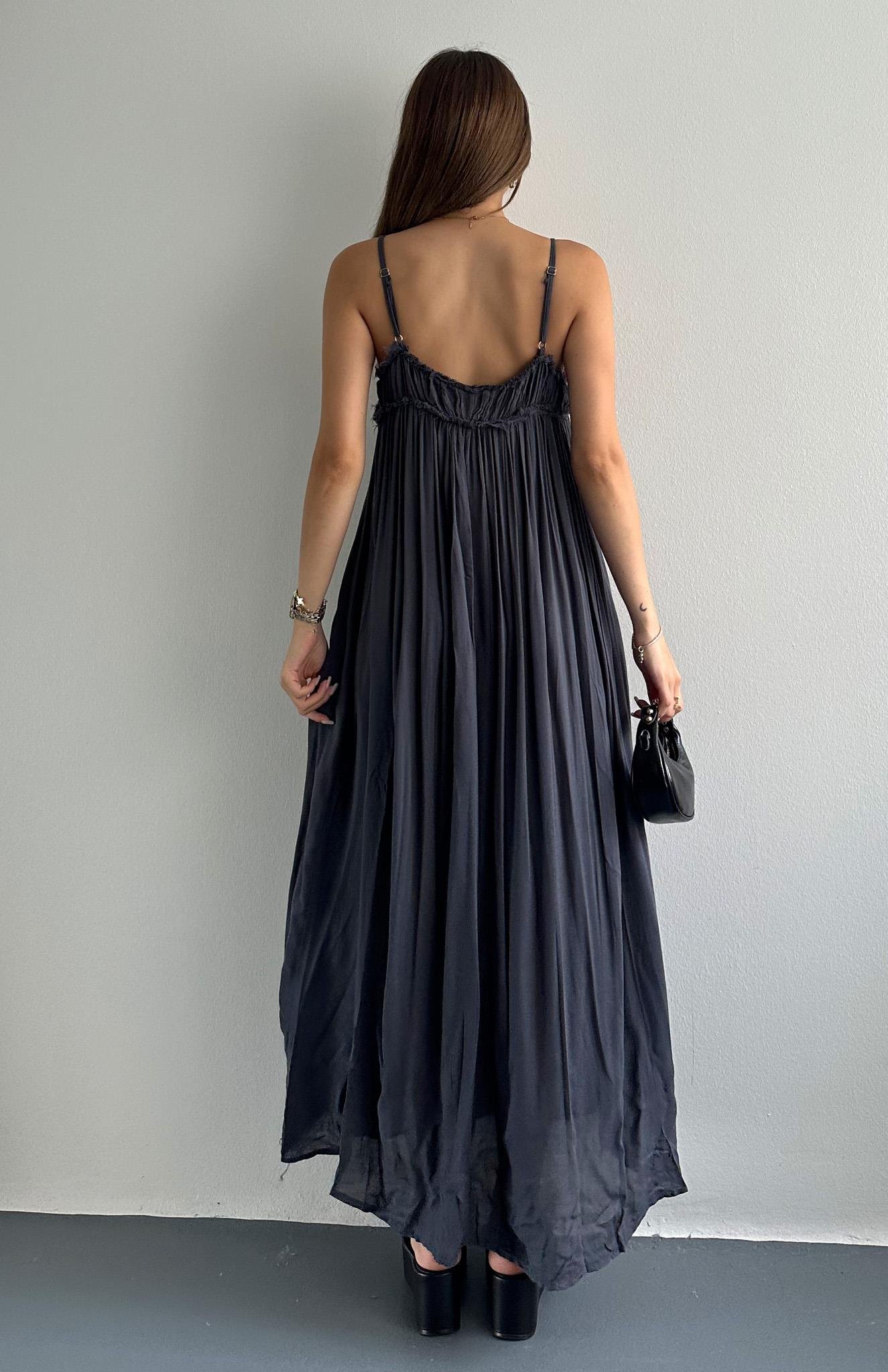 Büzgülü Askılı Cepli Uzun Elbise ANTRASİT