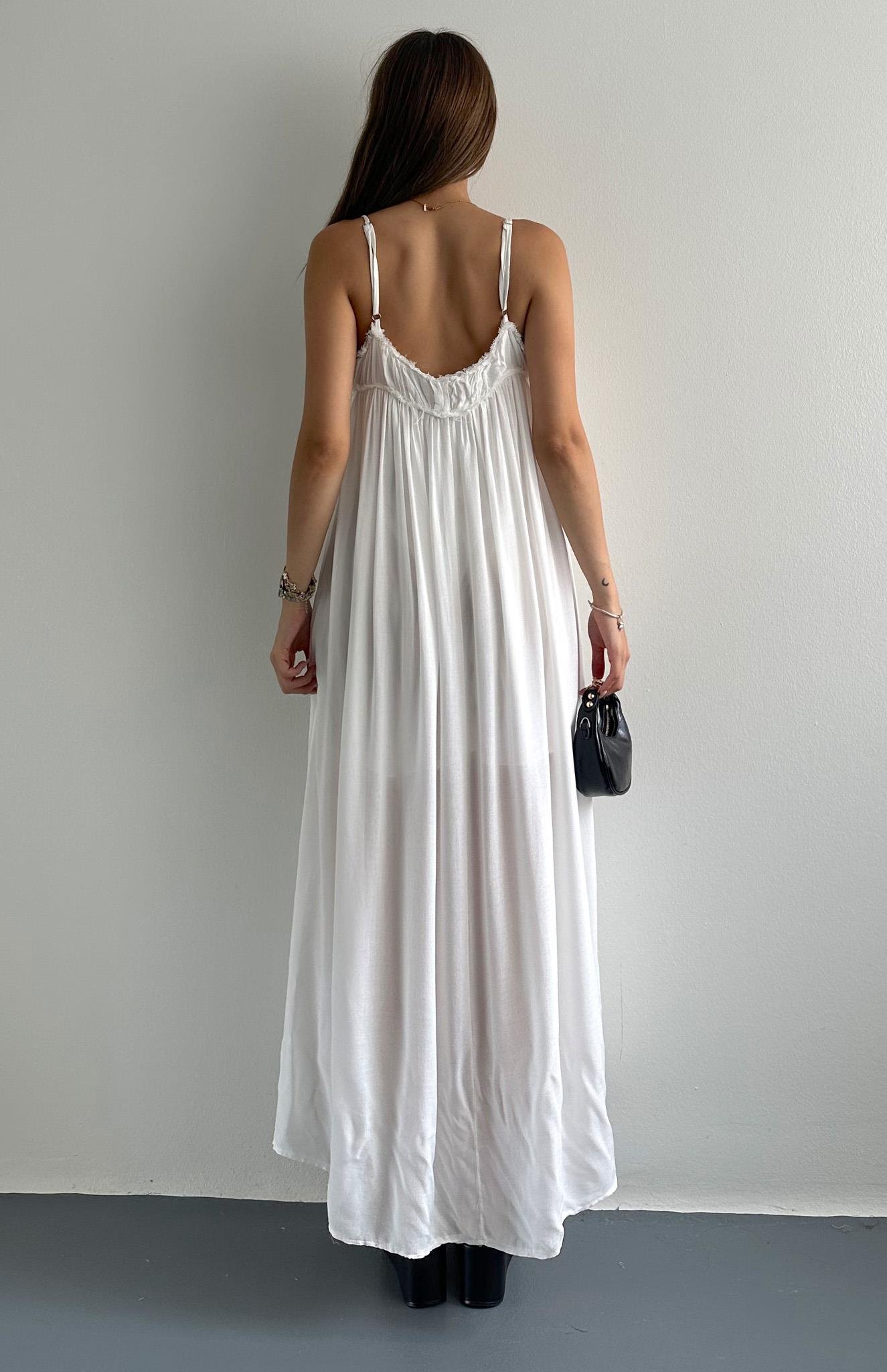 Büzgülü Askılı Cepli Uzun Elbise EKRU