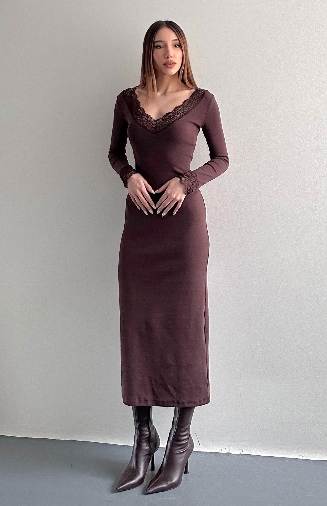 Dantel Detaylı Elbise KAHVERENGİ