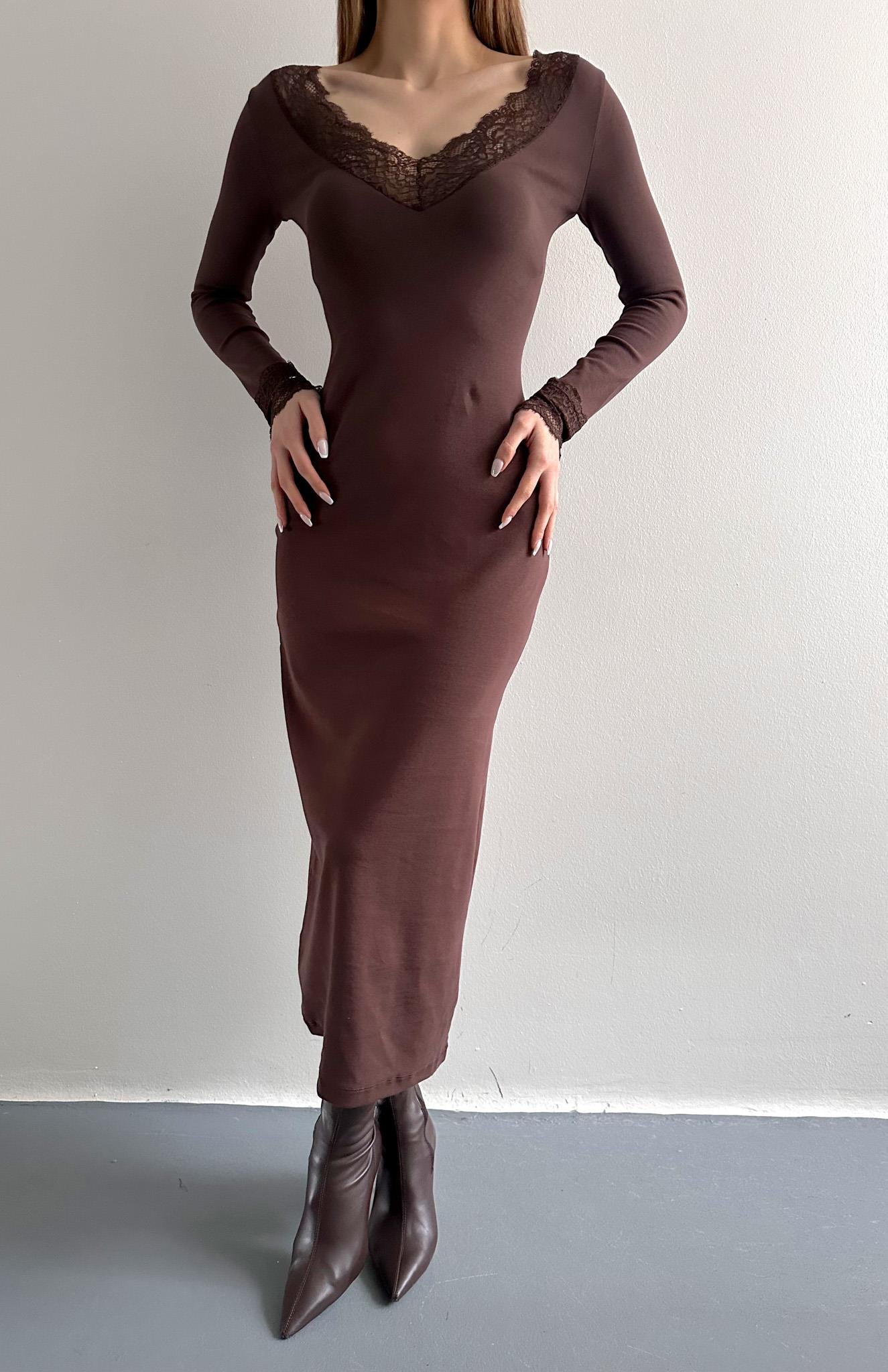 Dantel Detaylı Elbise KAHVERENGİ