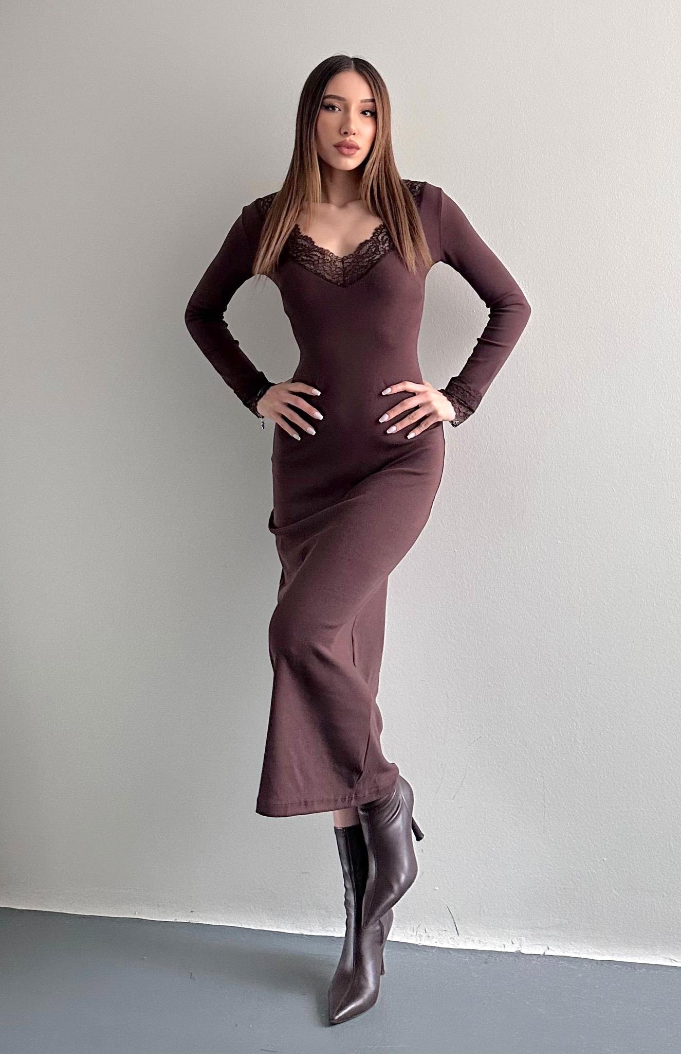 Dantel Detaylı Elbise KAHVERENGİ