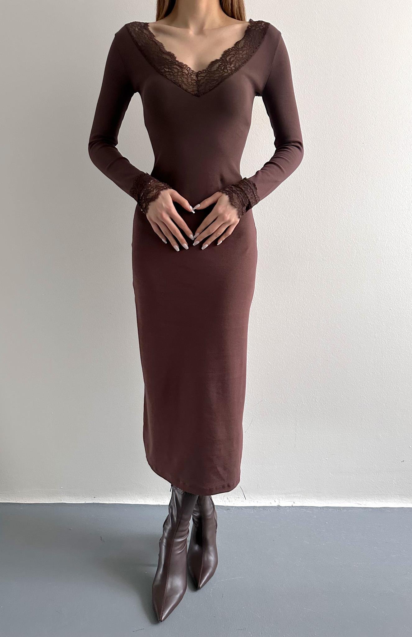Dantel Detaylı Elbise KAHVERENGİ