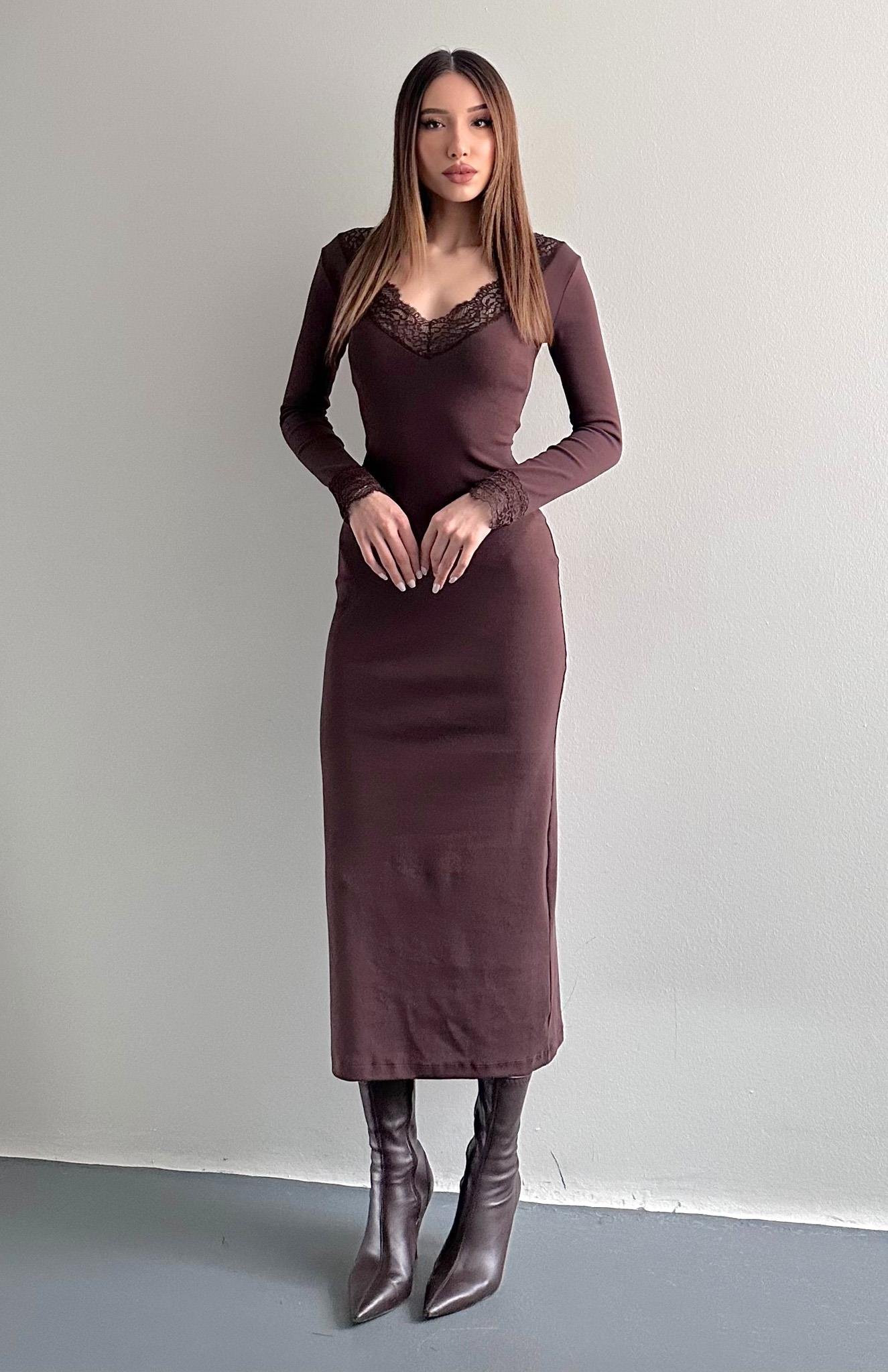 Dantel Detaylı Elbise KAHVERENGİ
