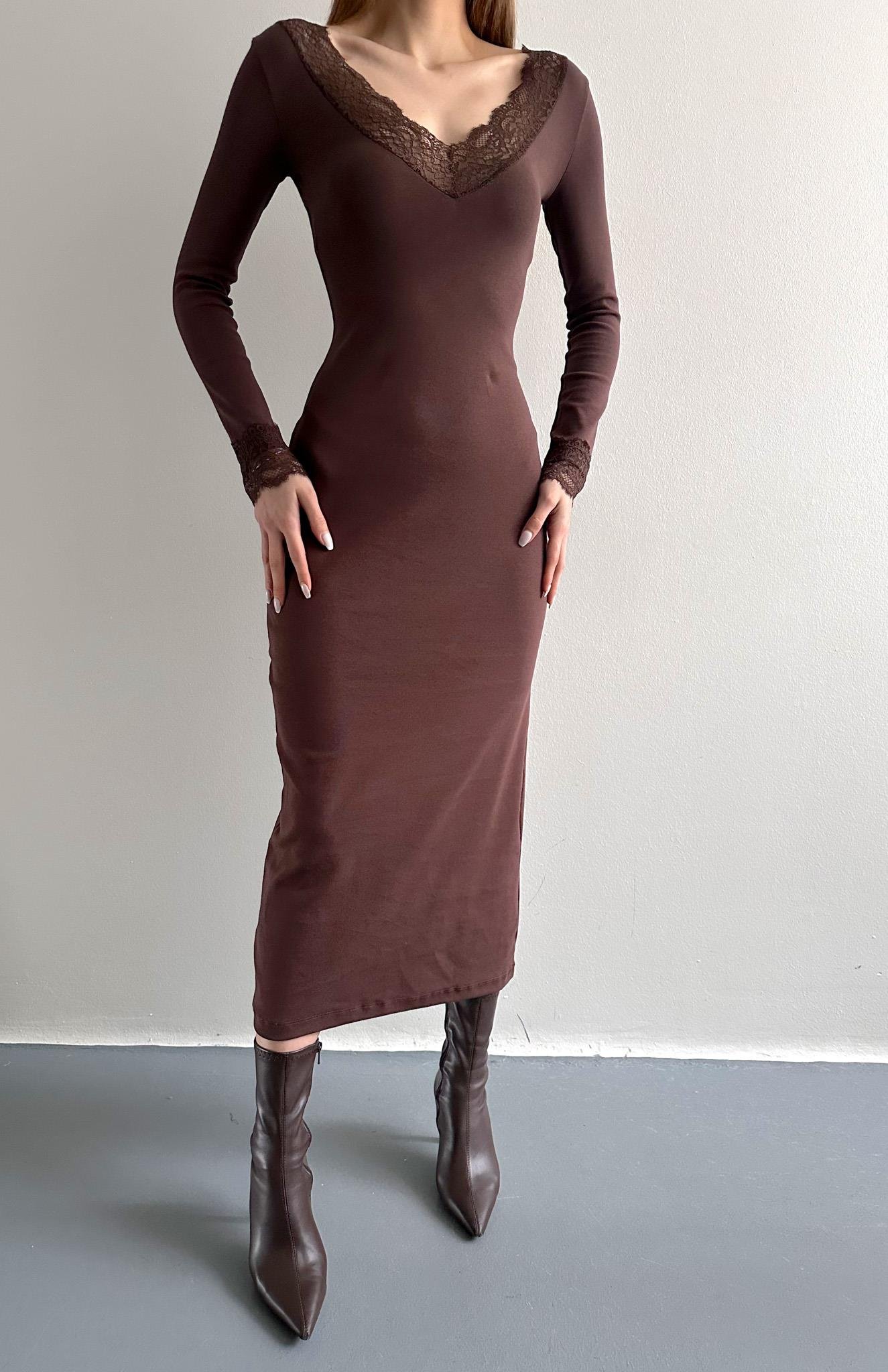 Dantel Detaylı Elbise KAHVERENGİ