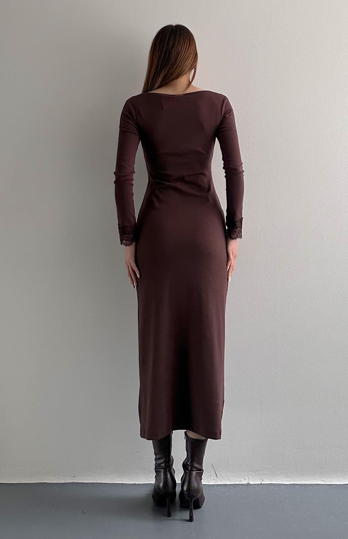 Dantel Detaylı Elbise KAHVERENGİ