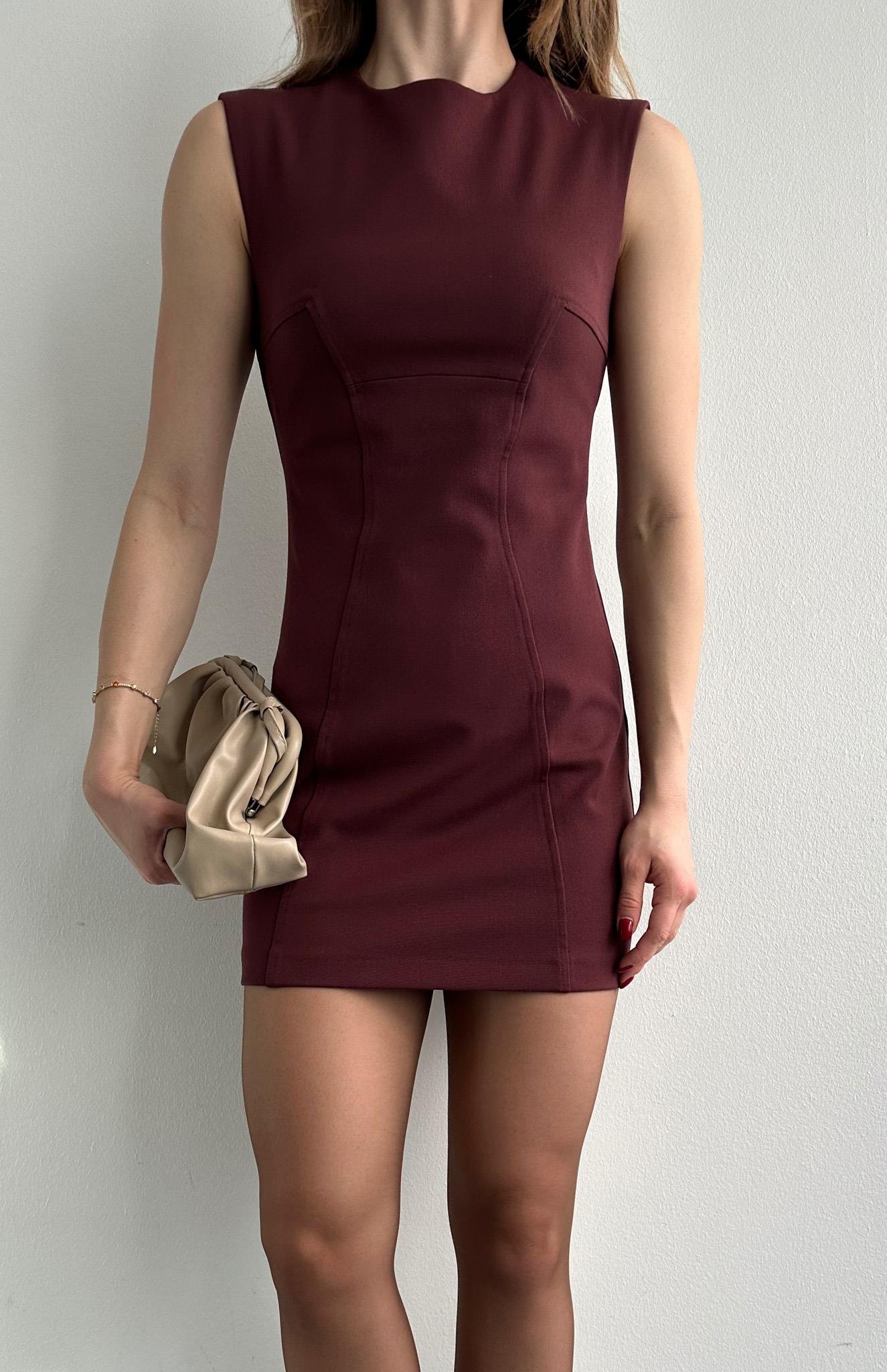 Dikişli Mini Elbise BORDO