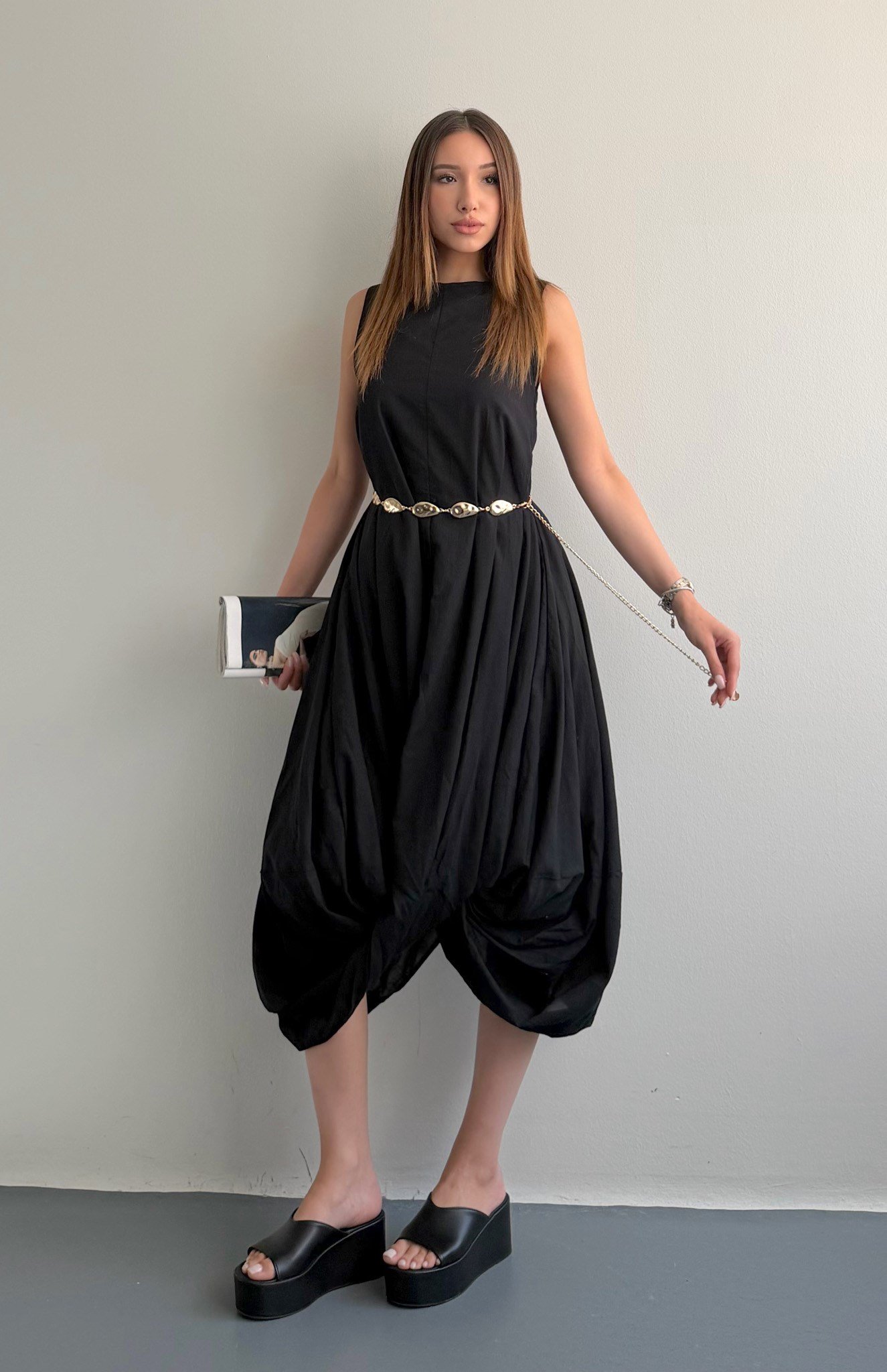 Gold Metal Kemerli Vual Elbise SİYAH