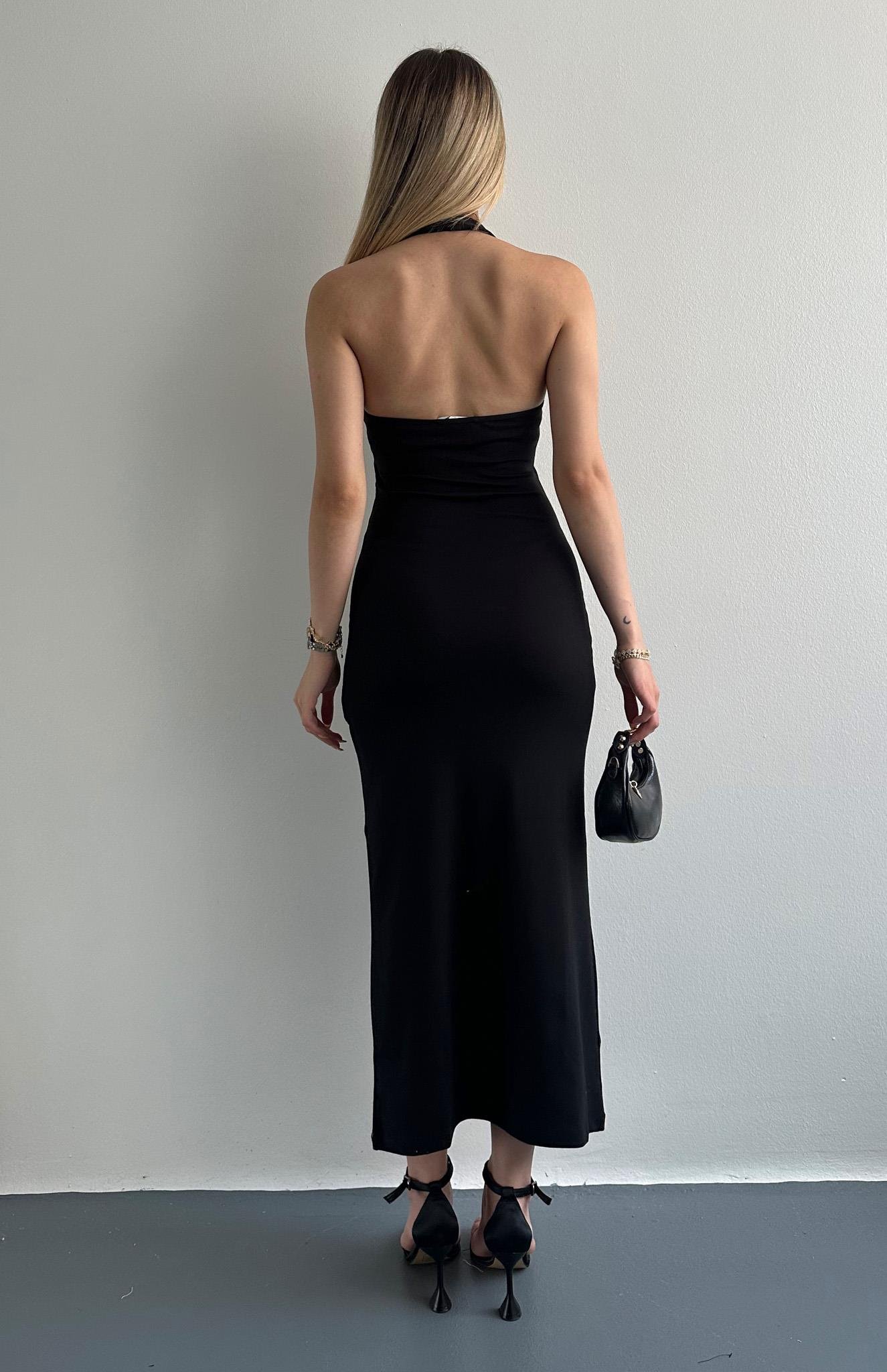 Halter Yaka Midi Elbise SİYAH