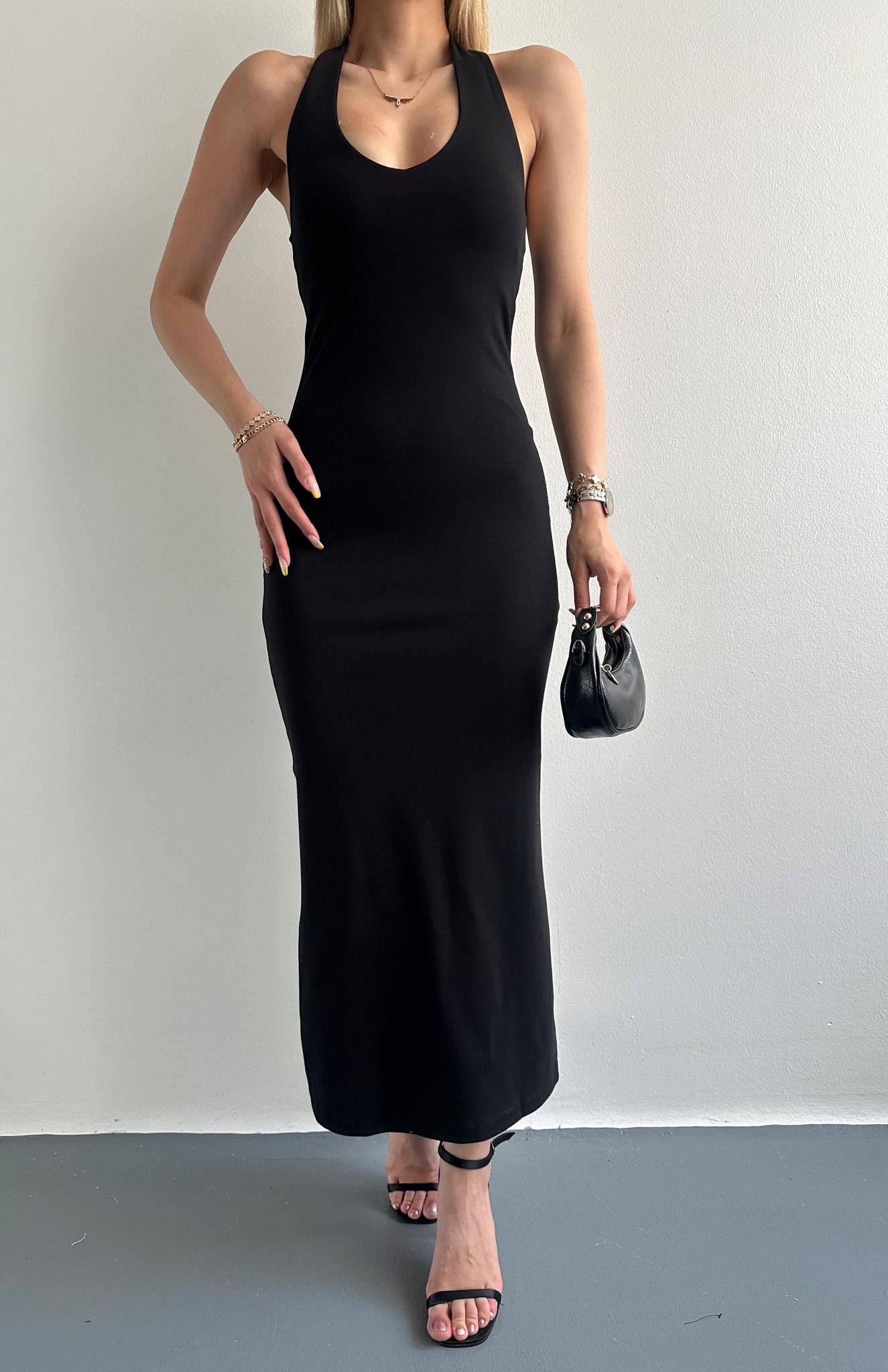 Halter Yaka Midi Elbise SİYAH