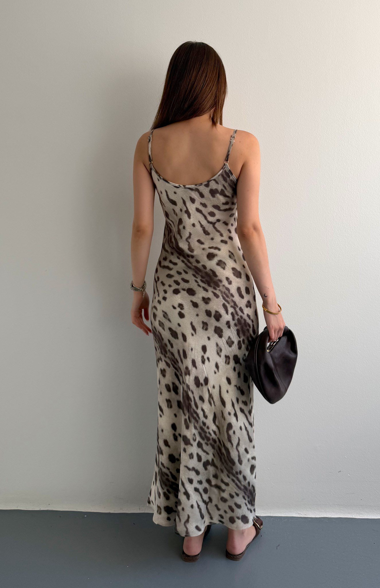 İp Askılı Leopar Desen Elbise BEJ