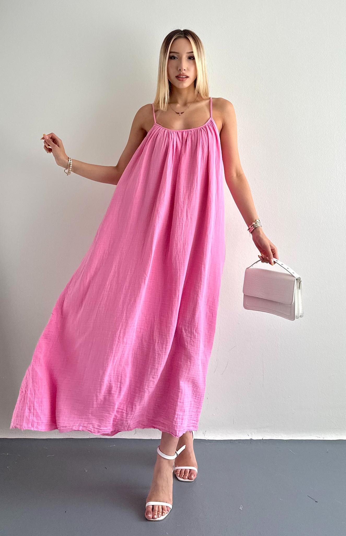 İp Askılı Muslin Elbise ŞEKER PEMBE