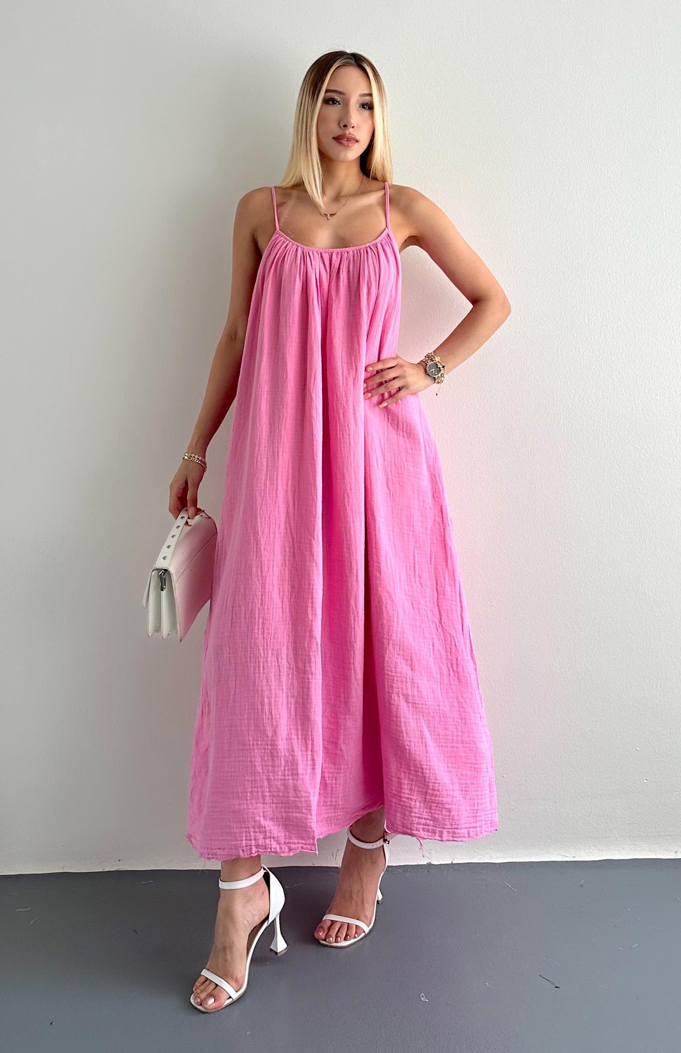 İp Askılı Muslin Elbise ŞEKER PEMBE