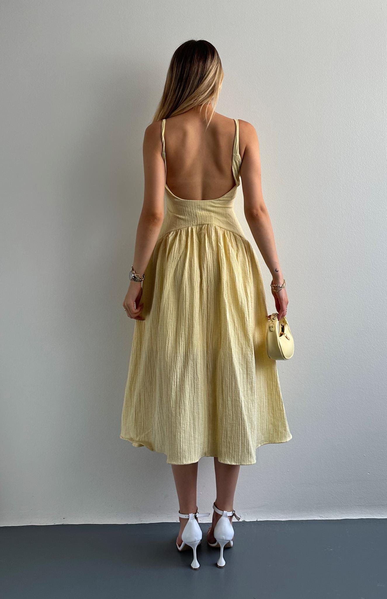 Kalın Askılı Kare Yaka Elbise SARI