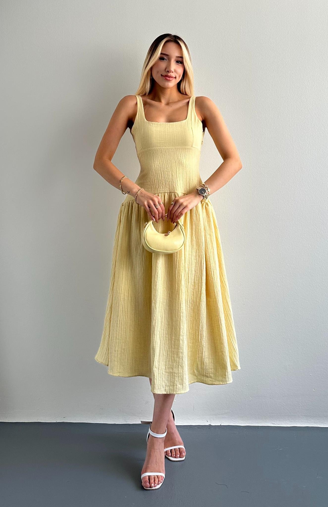 Kalın Askılı Kare Yaka Elbise SARI