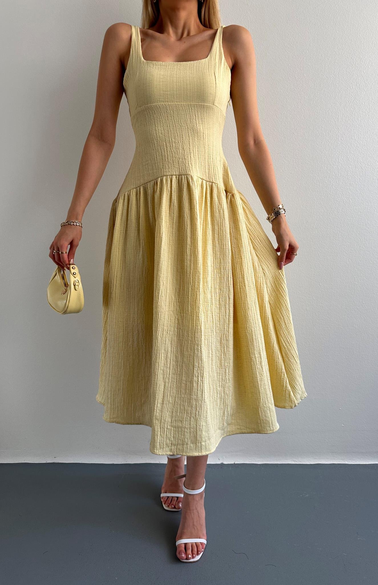 Kalın Askılı Kare Yaka Elbise SARI