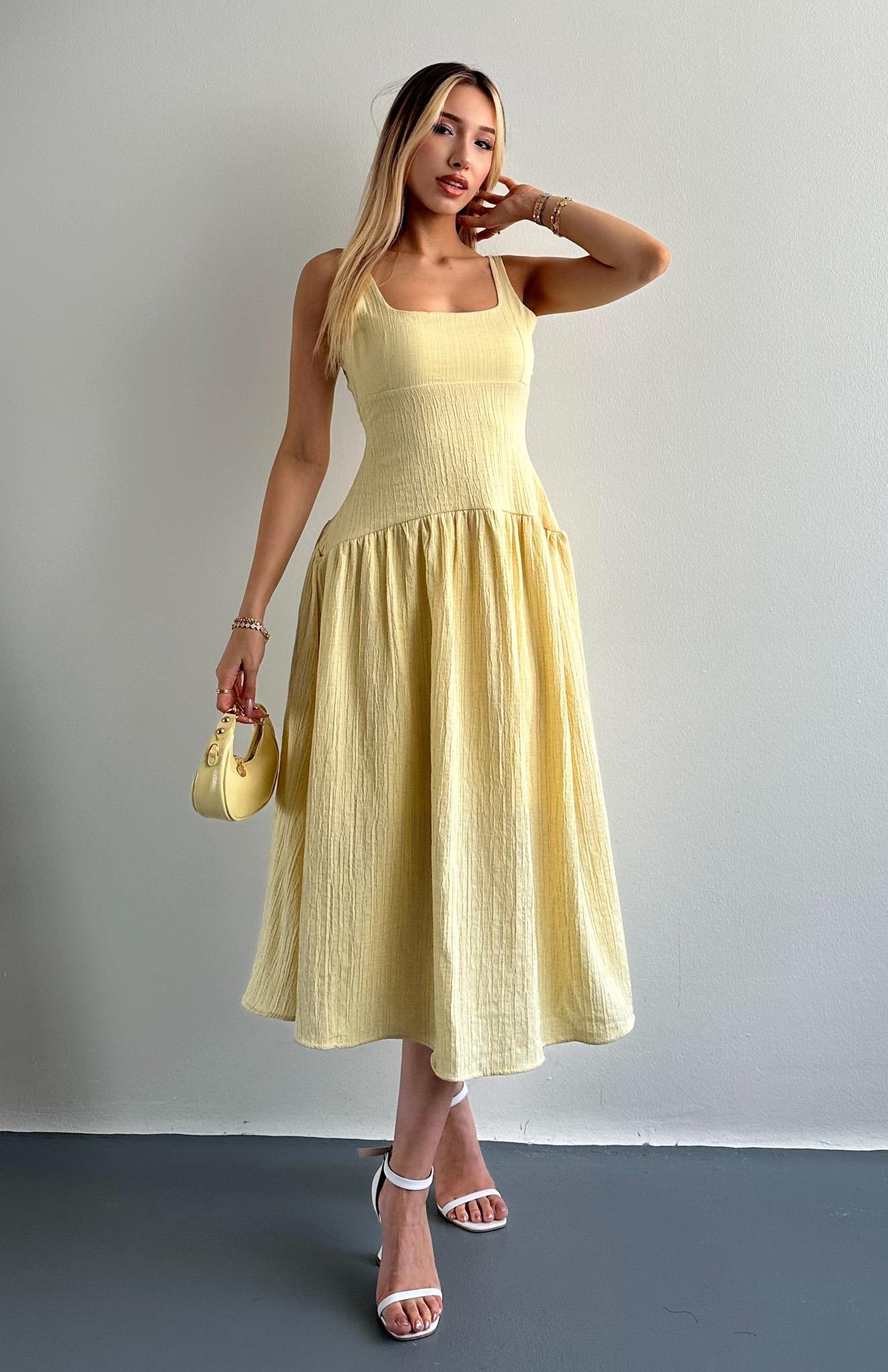 Kalın Askılı Kare Yaka Elbise SARI