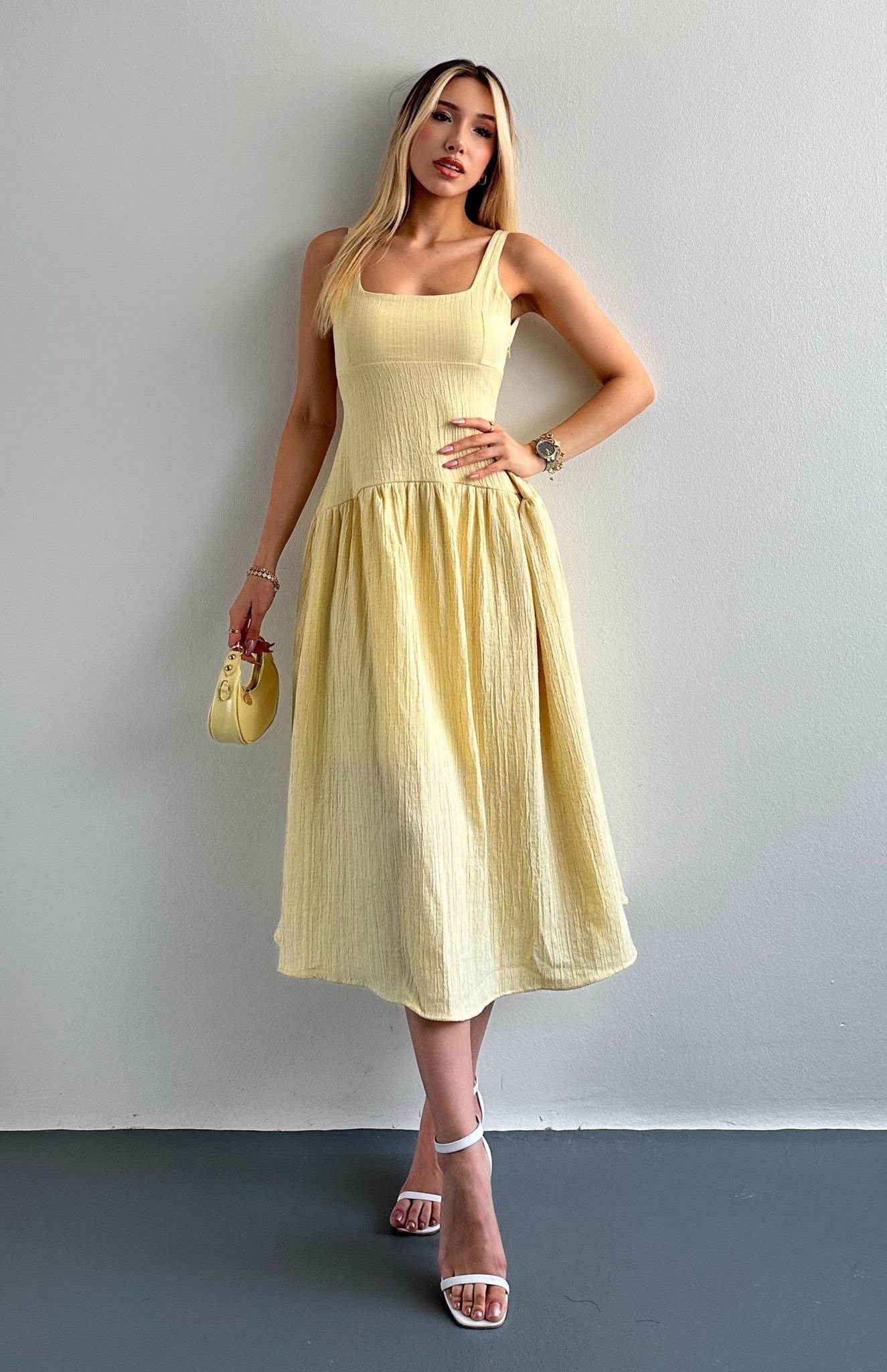 Kalın Askılı Kare Yaka Elbise SARI