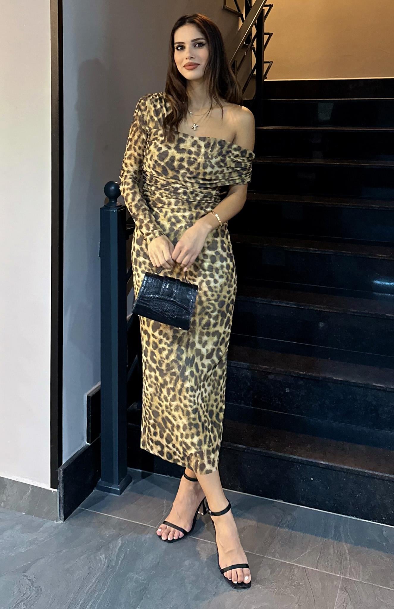 Leopar Desenli Tül Elbise KAHVERENGİ
