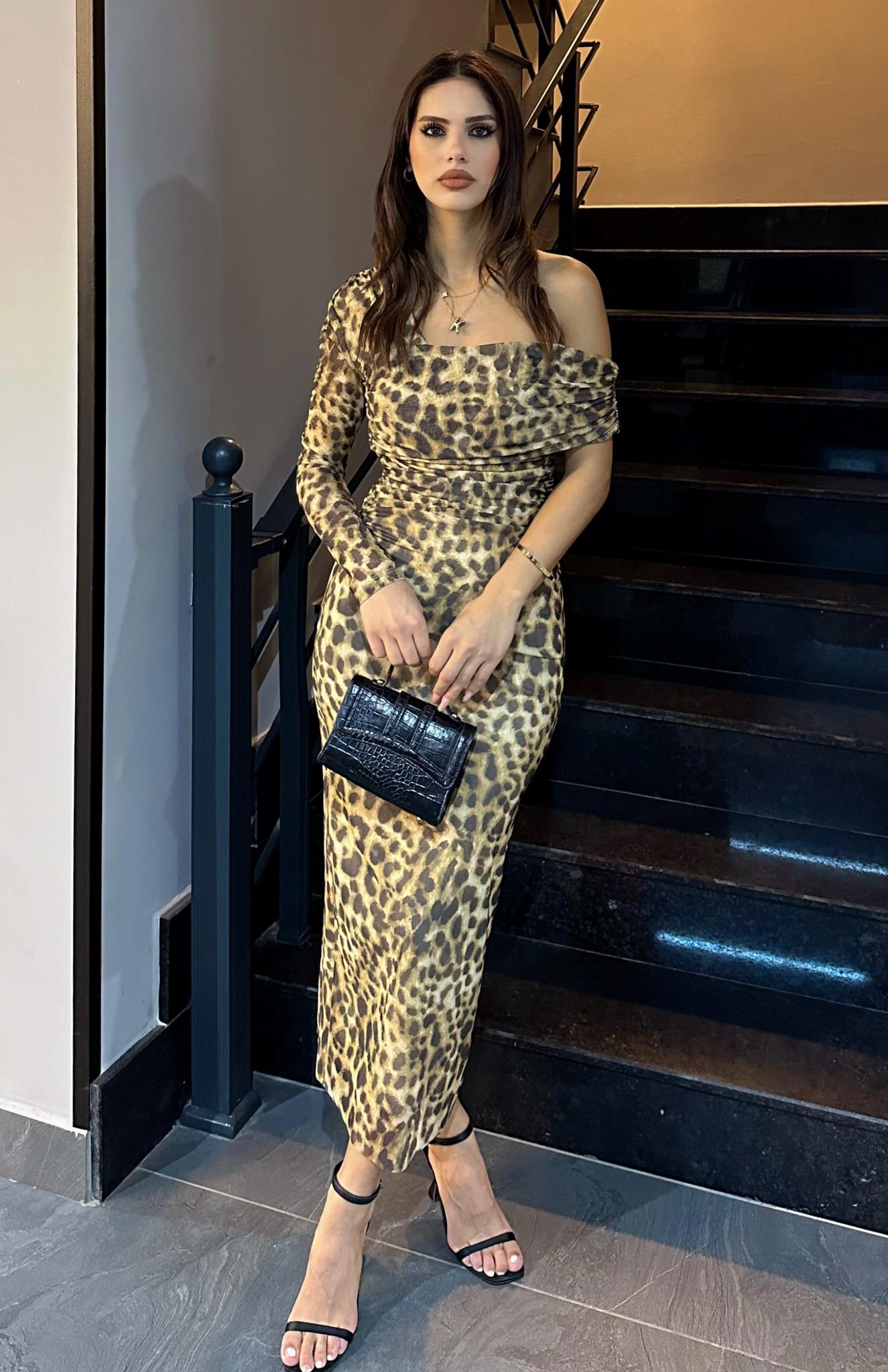 Leopar Desenli Tül Elbise KAHVERENGİ