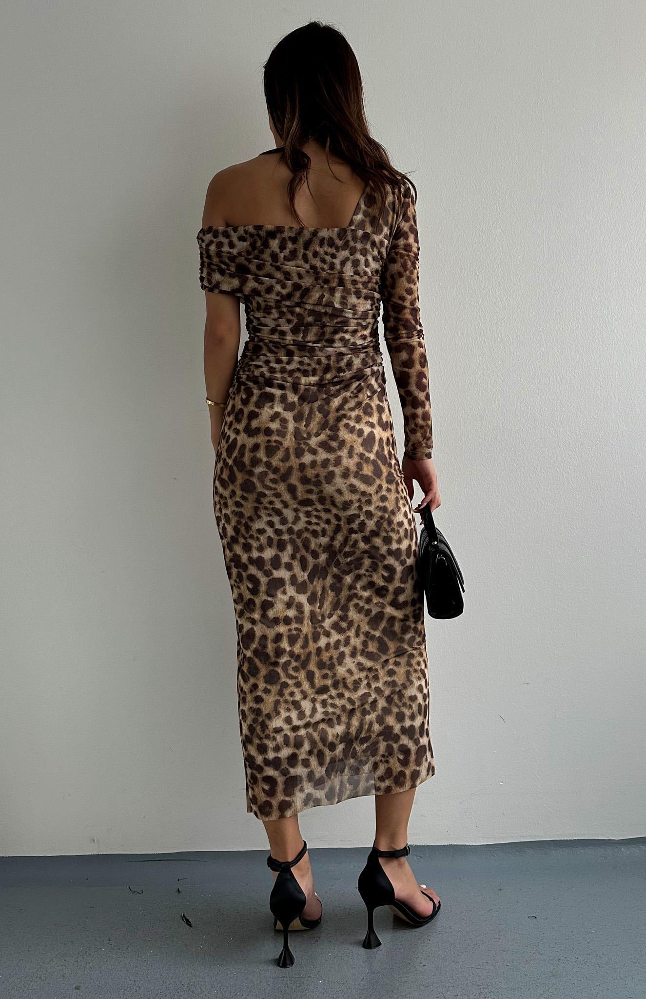 Leopar Desenli Tül Elbise KAHVERENGİ