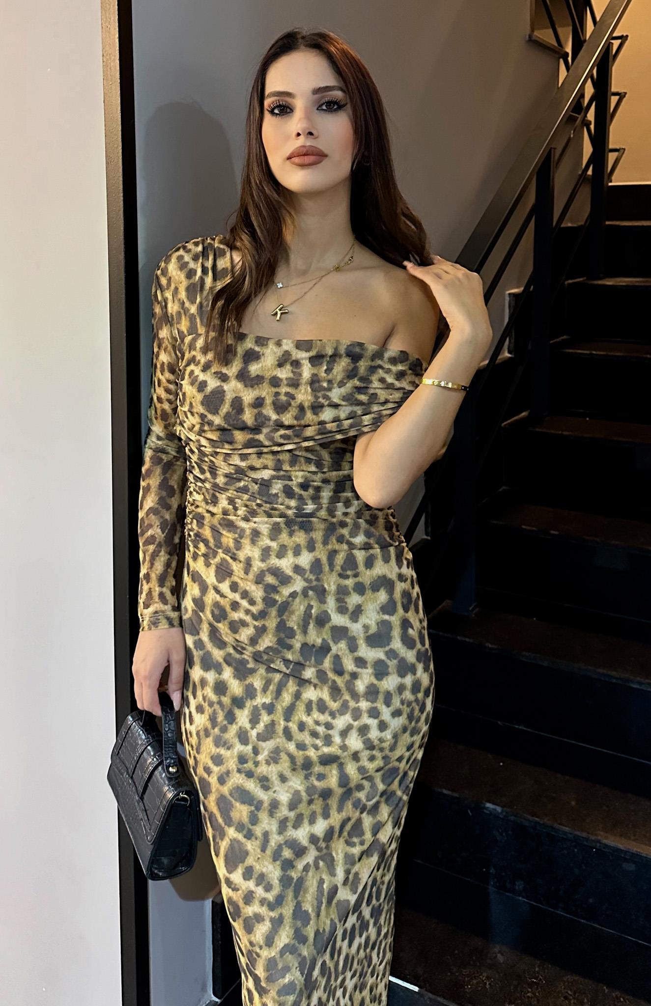 Leopar Desenli Tül Elbise KAHVERENGİ